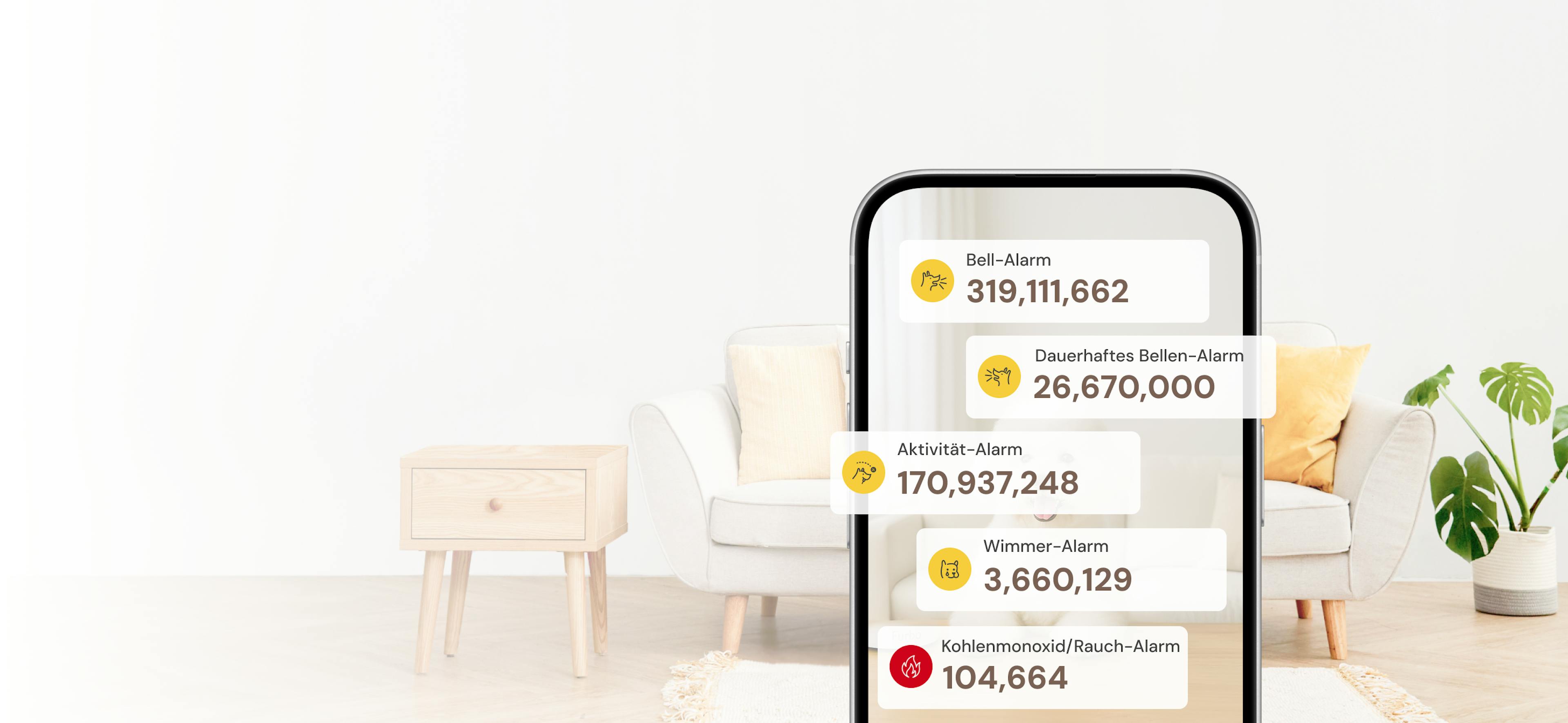 Handybildschirm mit Furbo-Alarmstatistik mit Millionen von gesendeten Benachrichtigungen