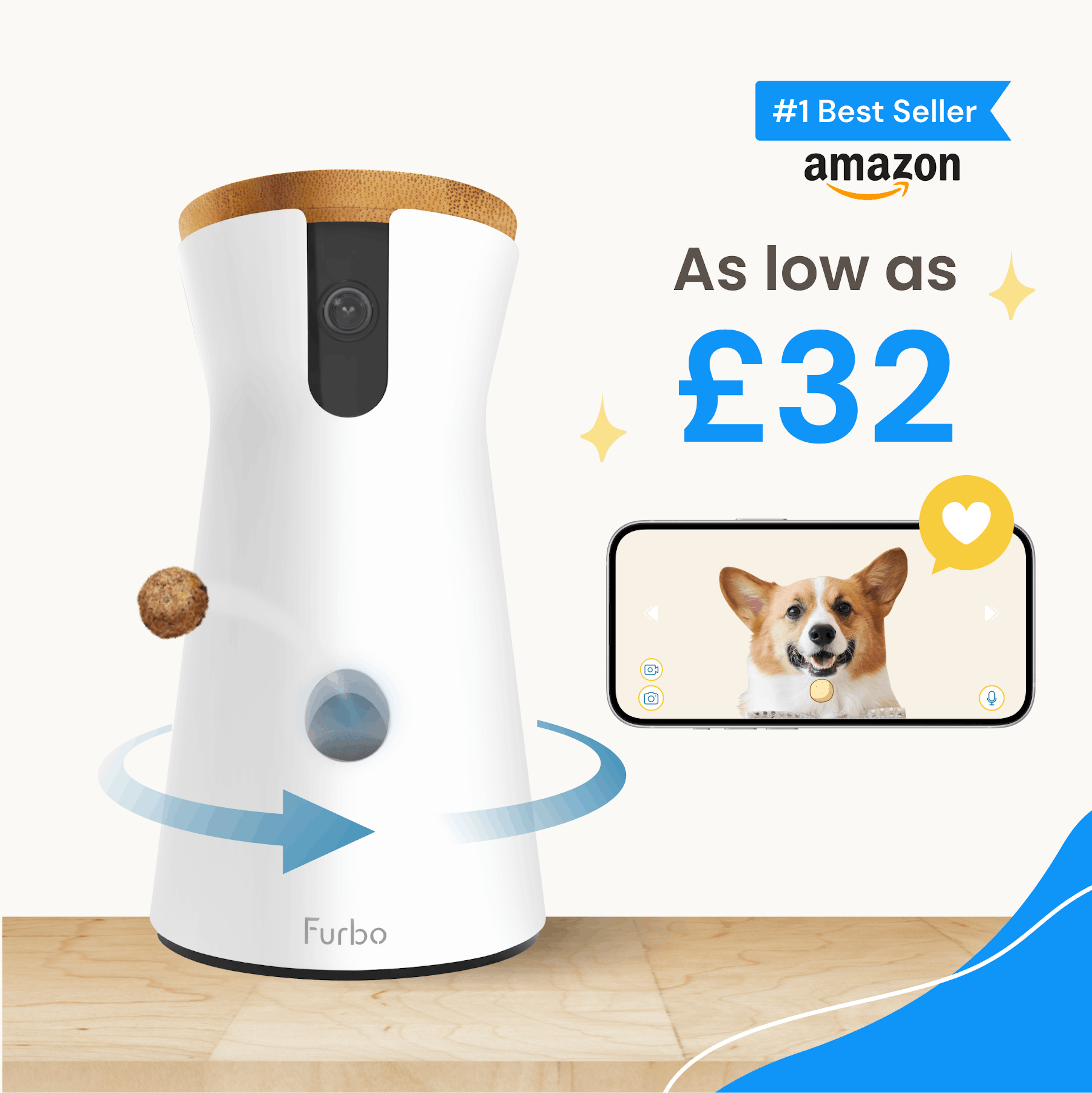 Furbo 360° Dog Camera shown tossing a treat, with live dog video on a phone screen and an Amazon #1 Best Seller badge
