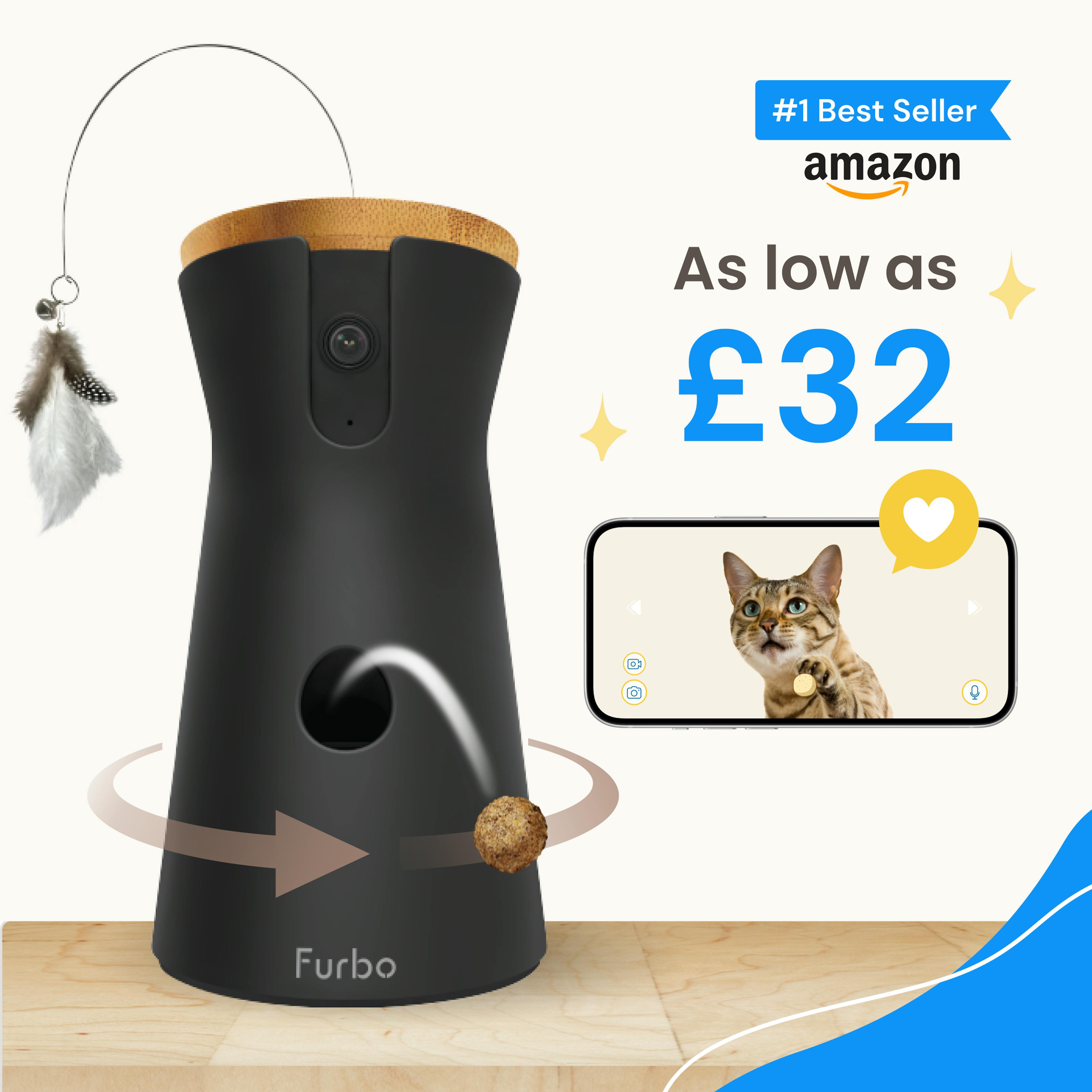 Furbo 360° Cat Camera tosses a treat with a feather toy attached, live cat video on phone, and #1 Amazon badge.