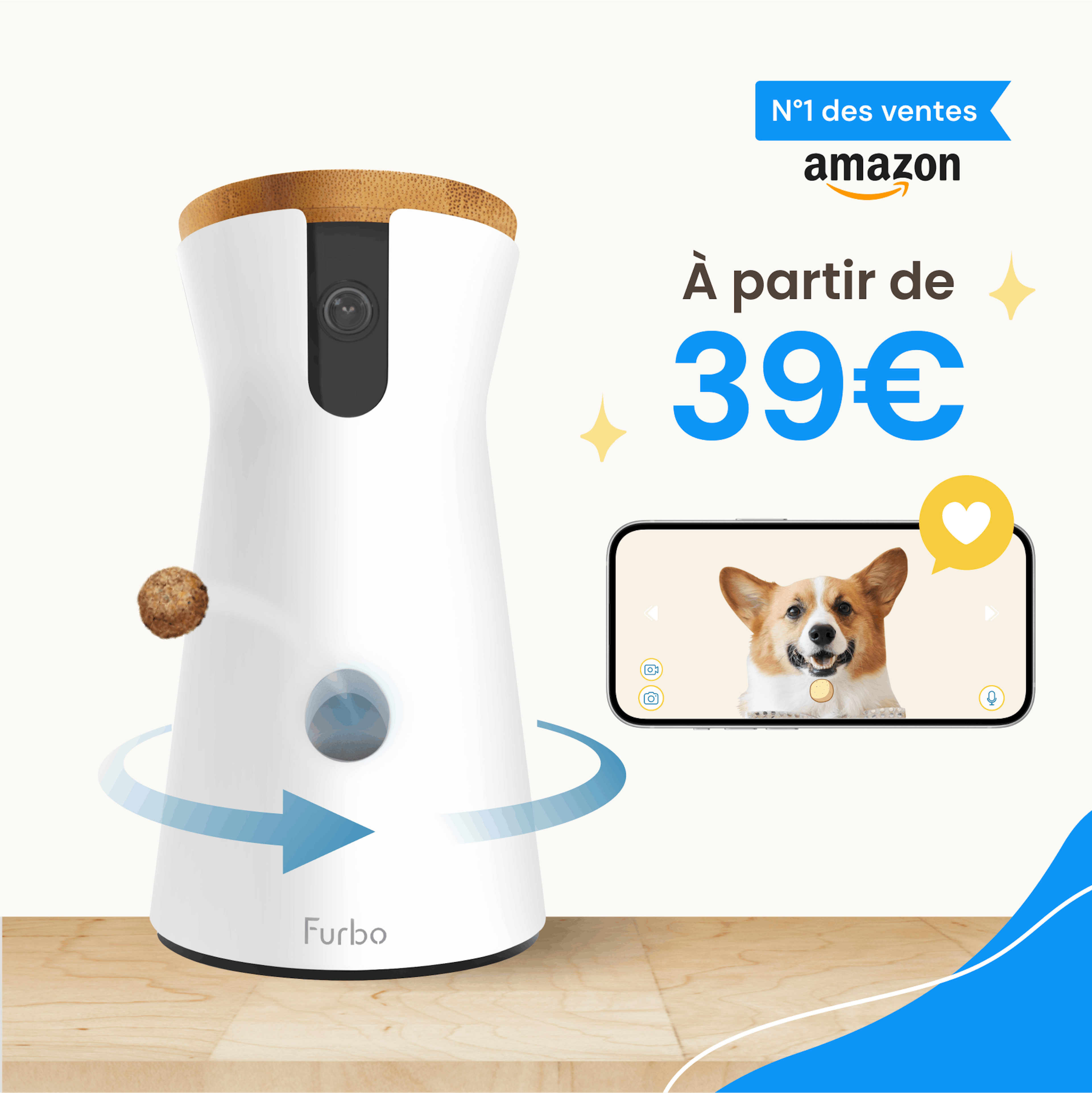 Caméra Furbo 360° lance friandise, vidéo en direct du chien sur téléphone, badge Amazon n°1