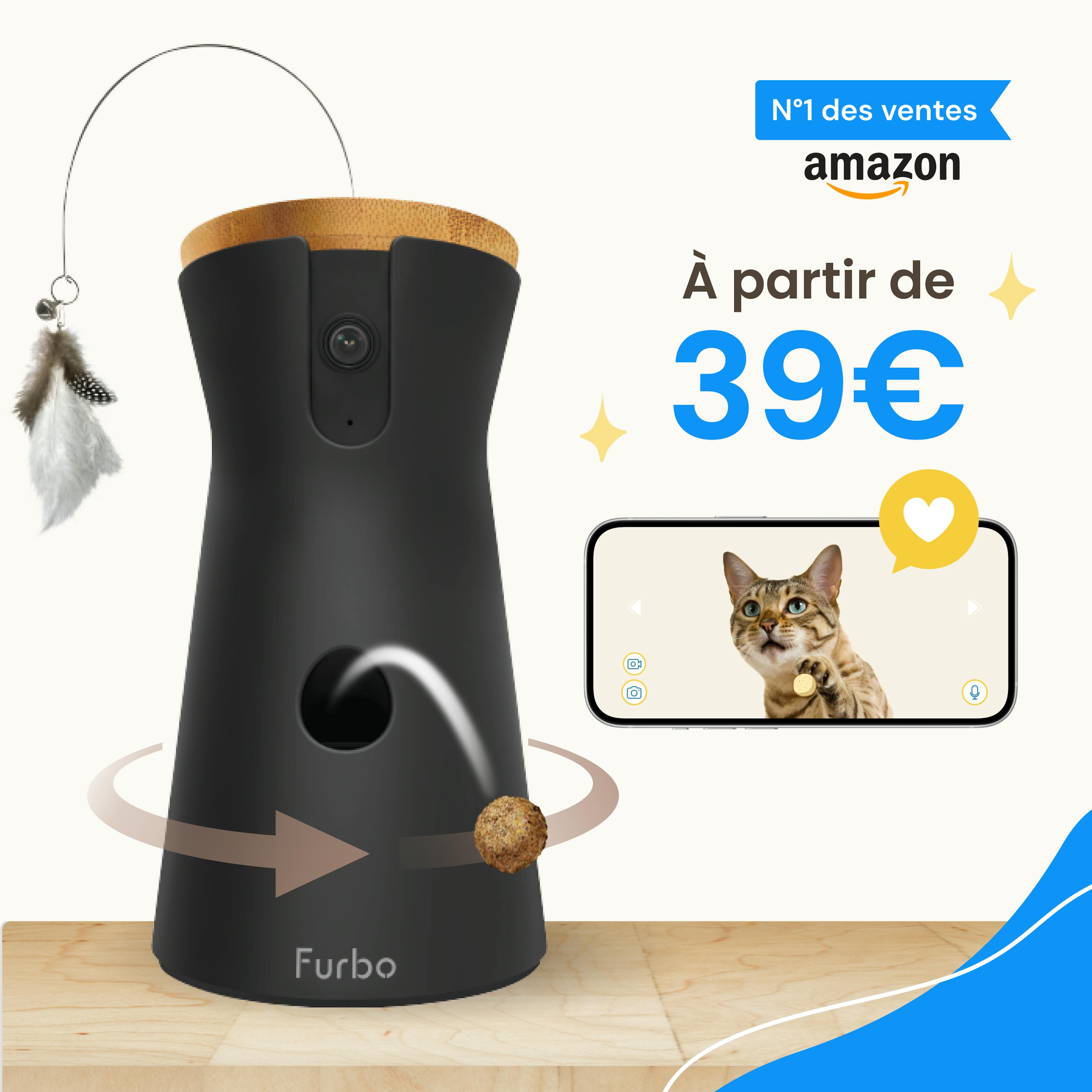 Caméra Furbo 360° Chat lance friandise avec plume, vidéo en direct sur téléphone, badge Amazon n°1.