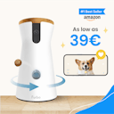 Furbo 360° Dog Camera shown tossing a treat, with live dog video on a phone screen and an Amazon #1 Best Seller badge