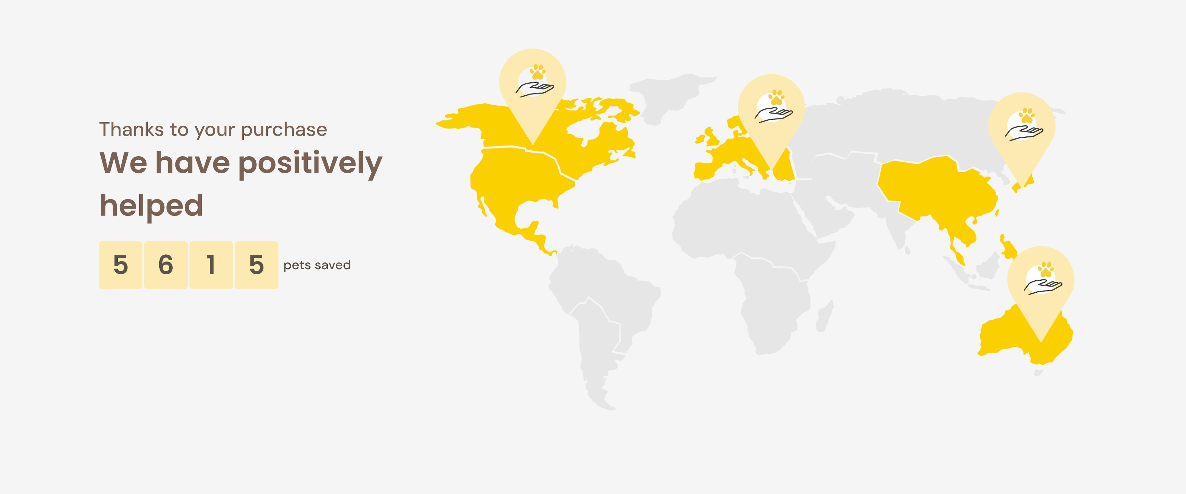 A world map showing Furbo have positively helped 5615 pets saved
