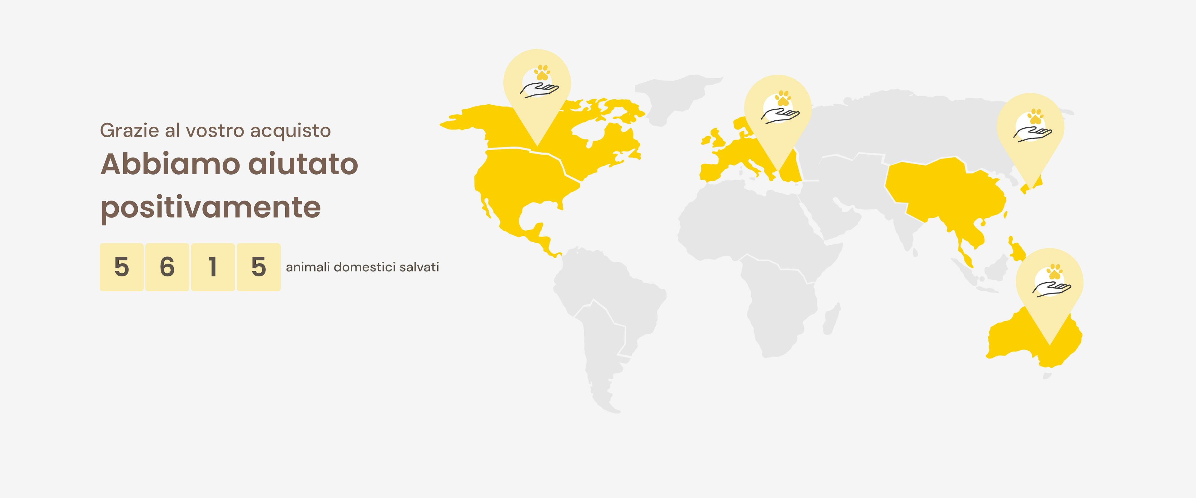 Una mappa del mondo che mostra come Furbo ha contribuito a salvare 5615 animali domestici