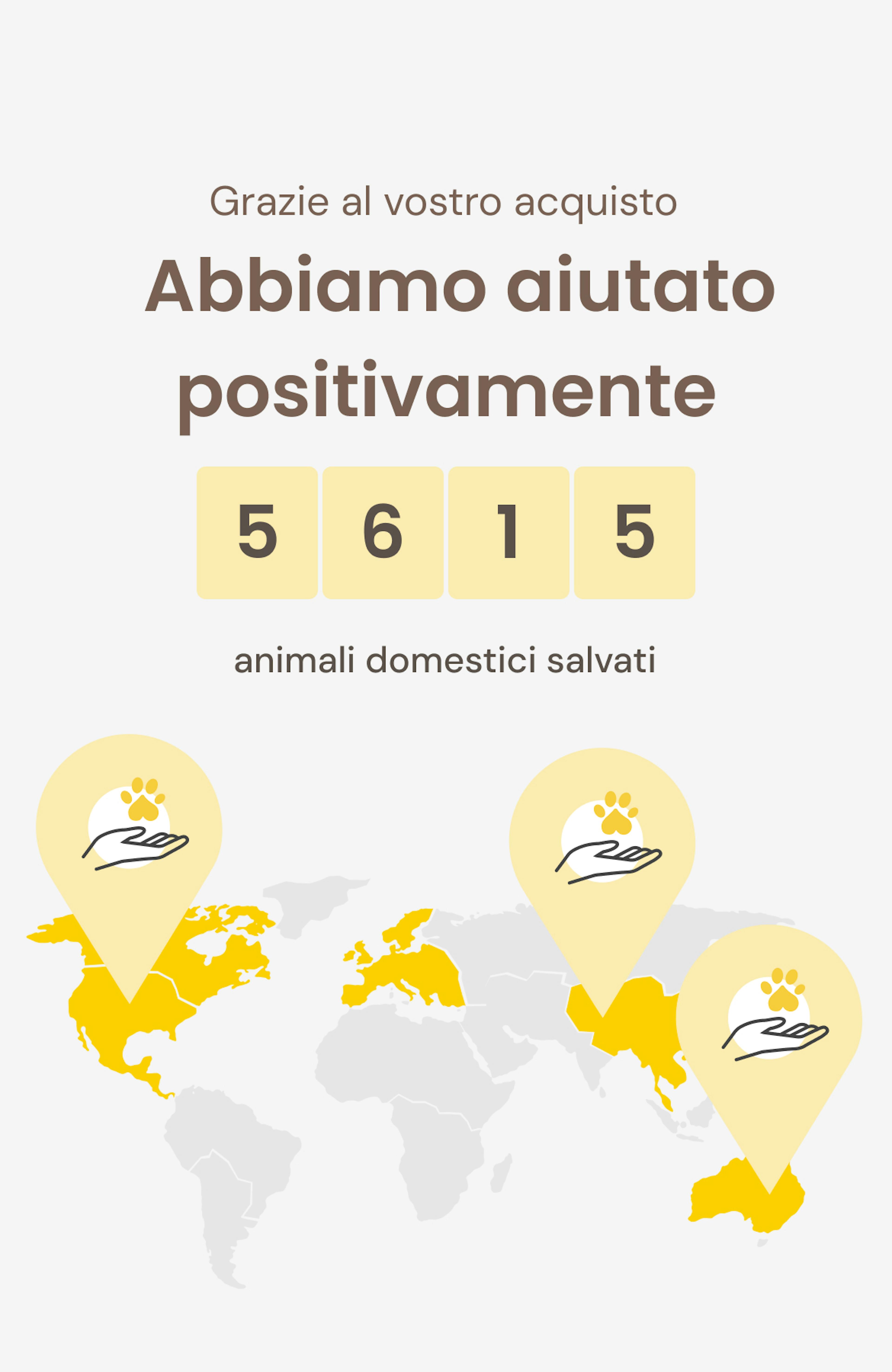 Una mappa del mondo che mostra come Furbo ha contribuito a salvare 5615 animali domestici