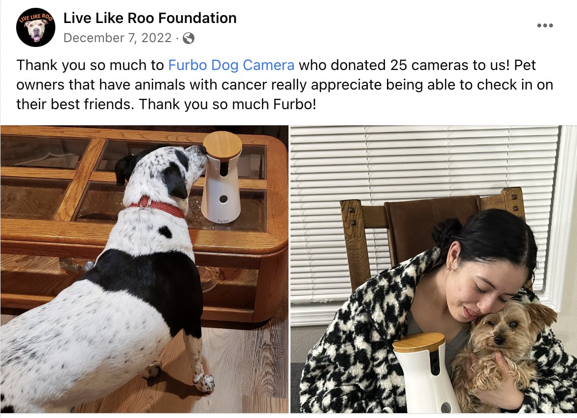 A Facebook post from Live Like Roo showing happy dogs receiving Furbo Dog Cameras.