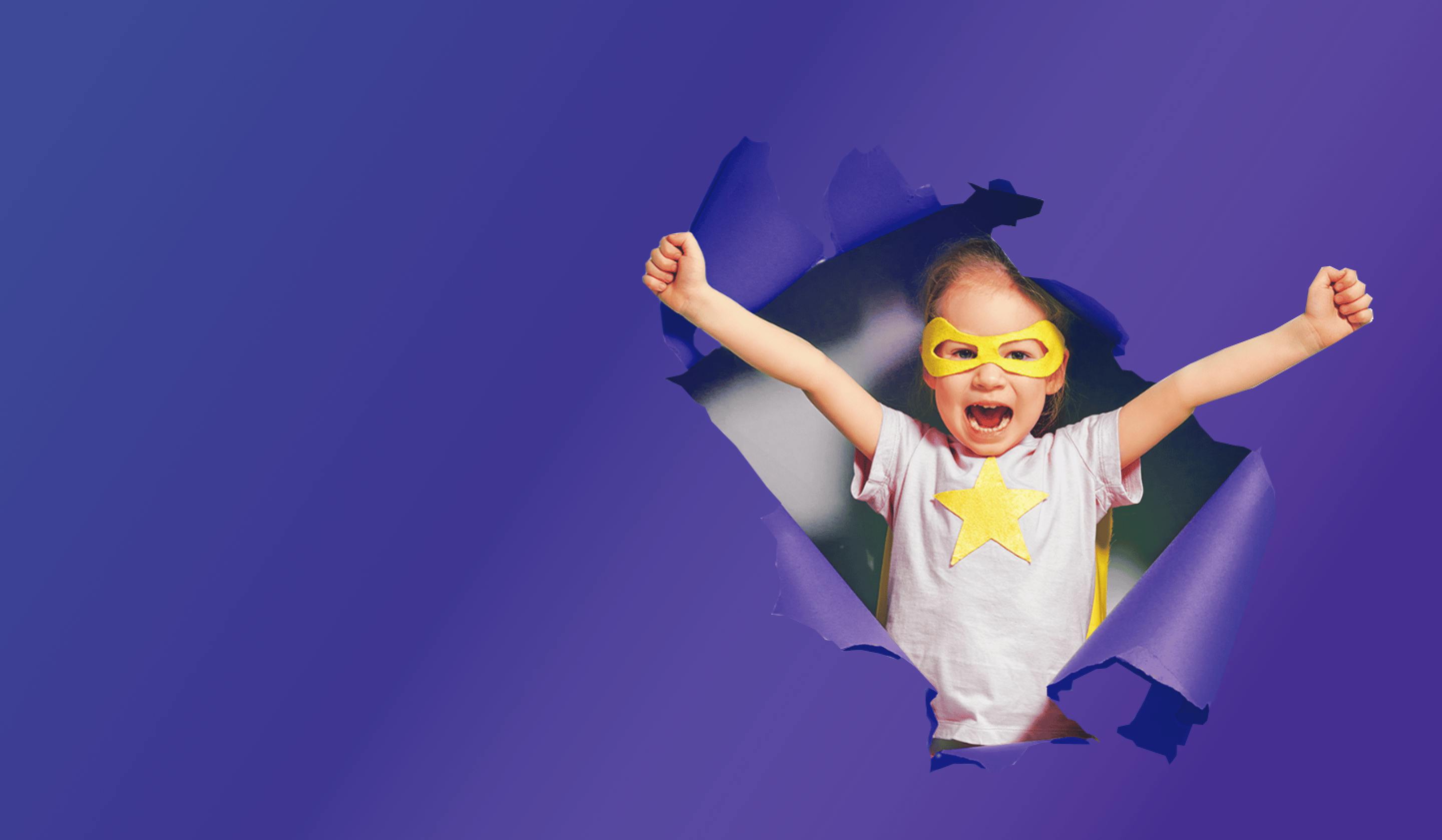 Superhero girl bursts out the screen - bringer of faster, more reliable Future Connected Fibre broadband