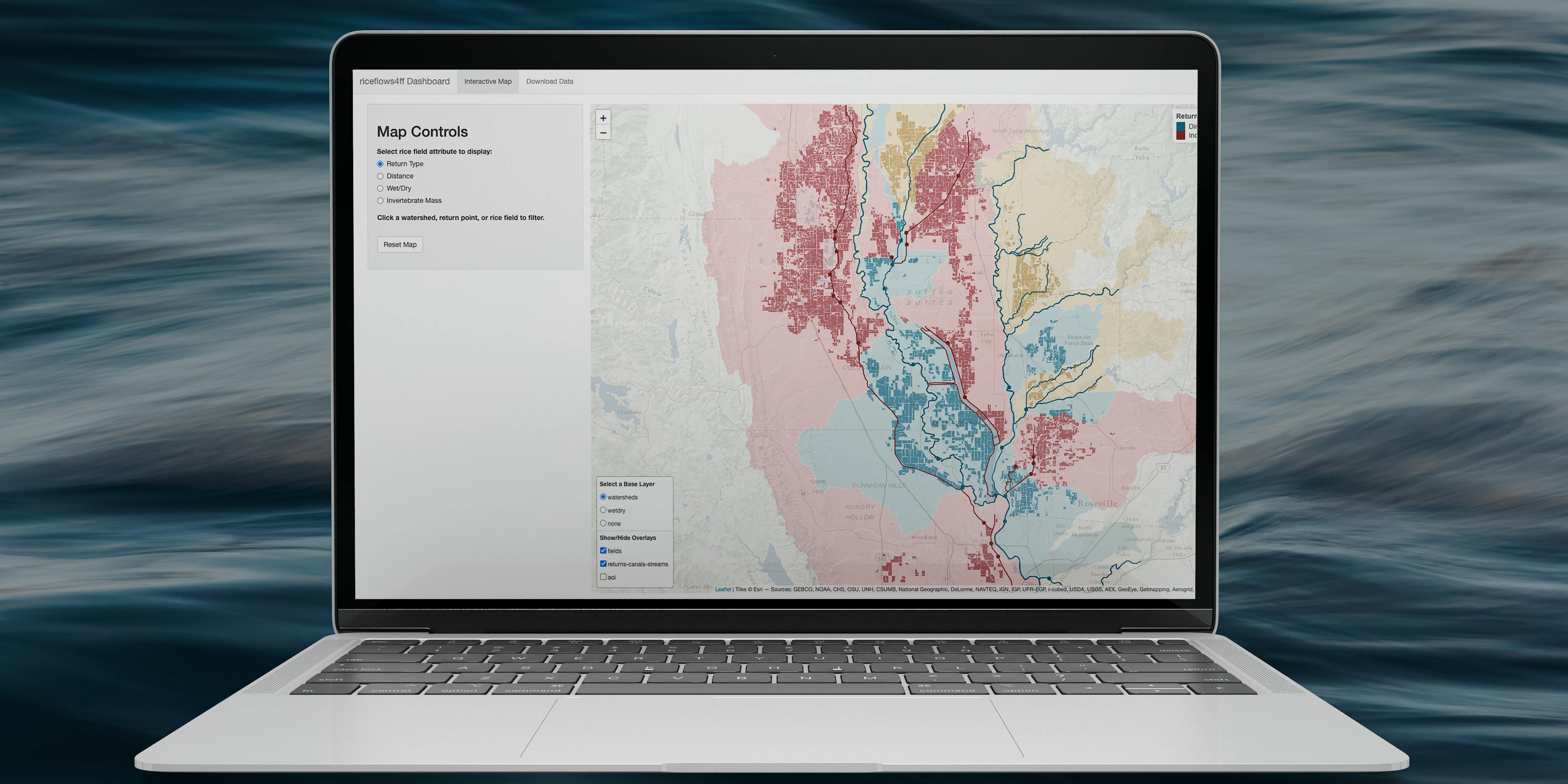 computer showing map of rice paddies for project