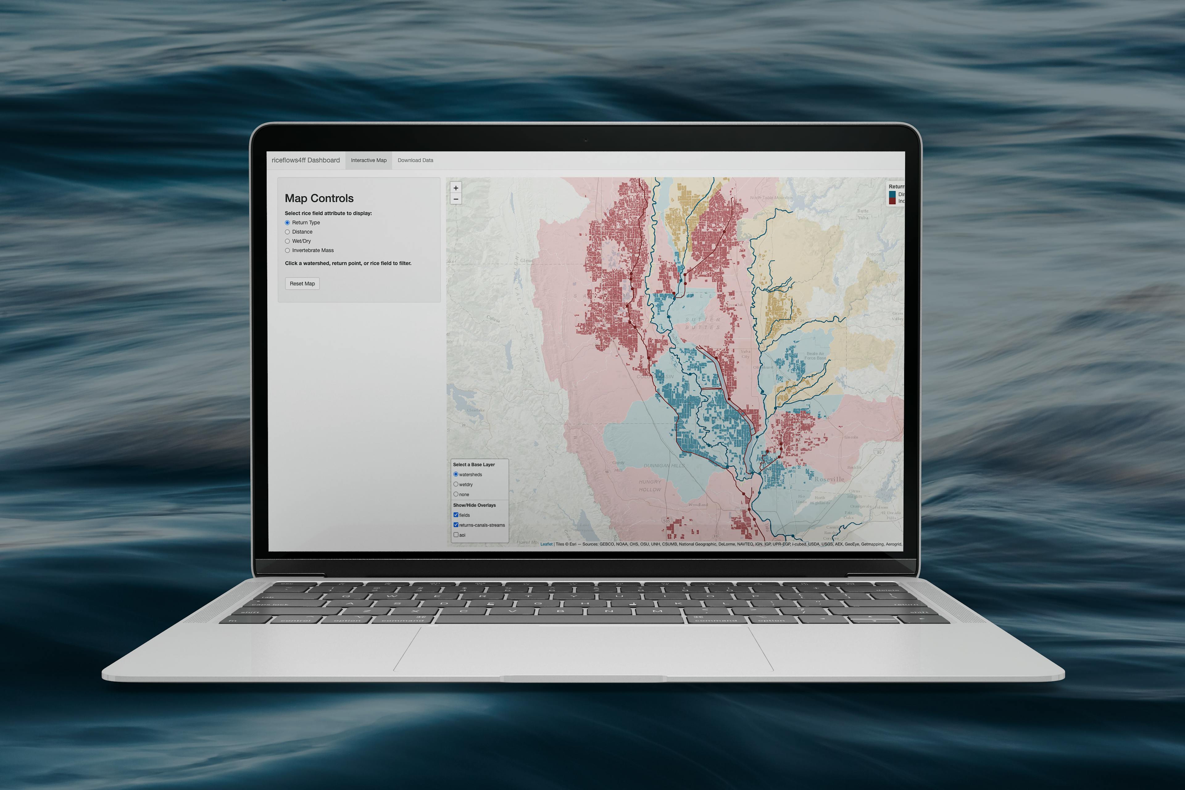 computer showing map of rice paddies for project