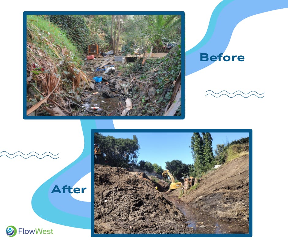 Before and during photo showing change of river
