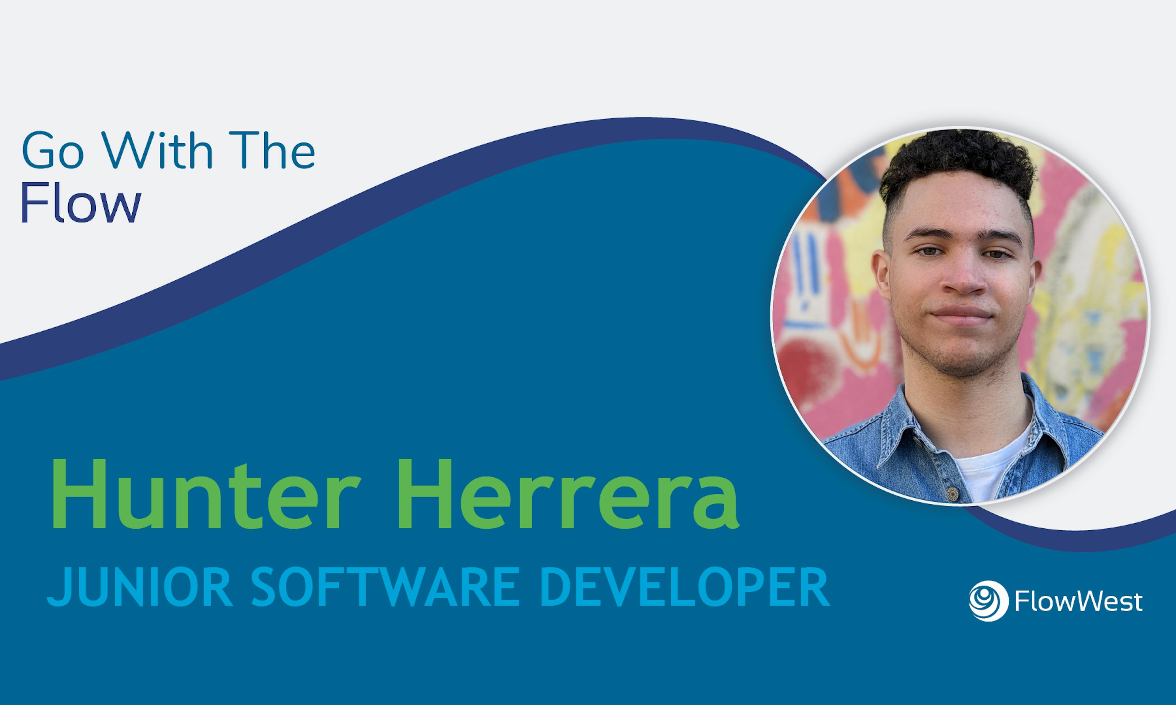 blog header with a wave design and a portrait of hunter