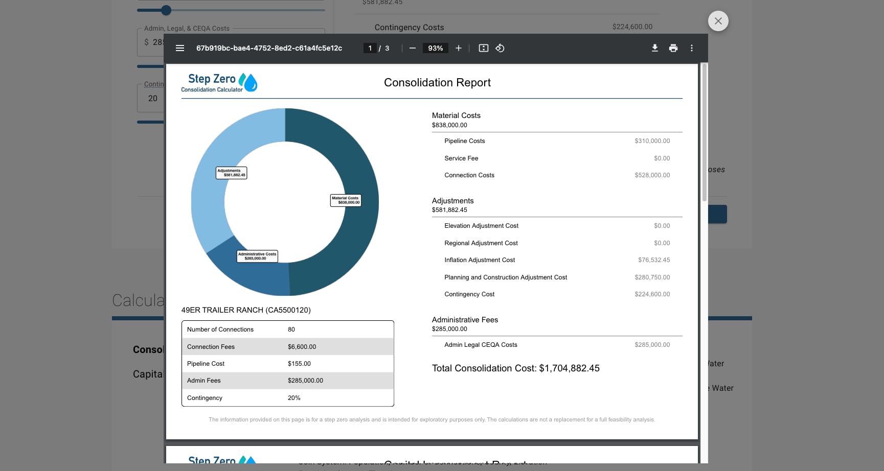 Export screen of Step Zero Calculator