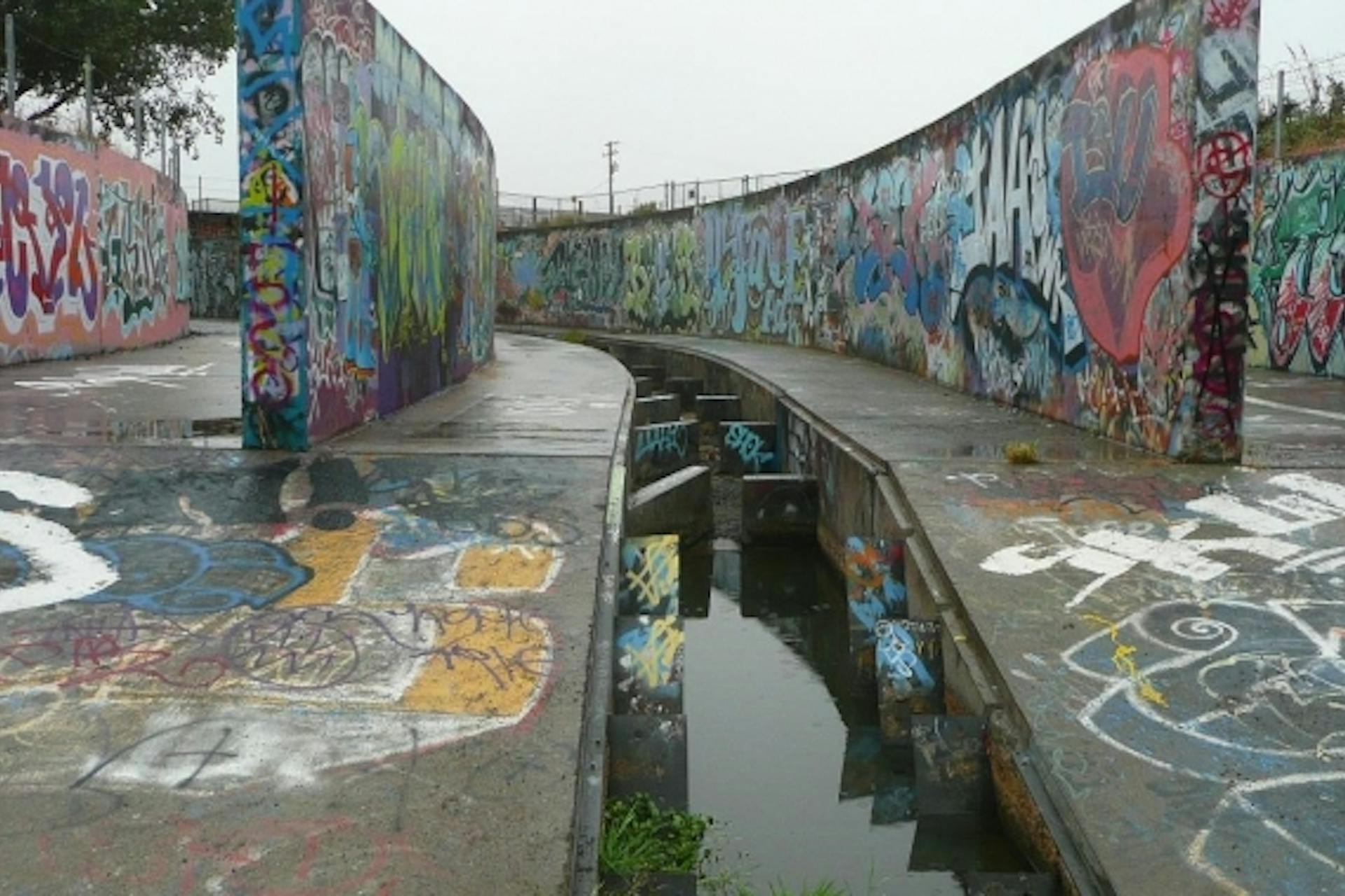 wildcat creek fish ladder covered in graffiti