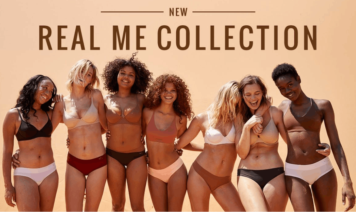 A group of confident women in their underwear against a beige background.