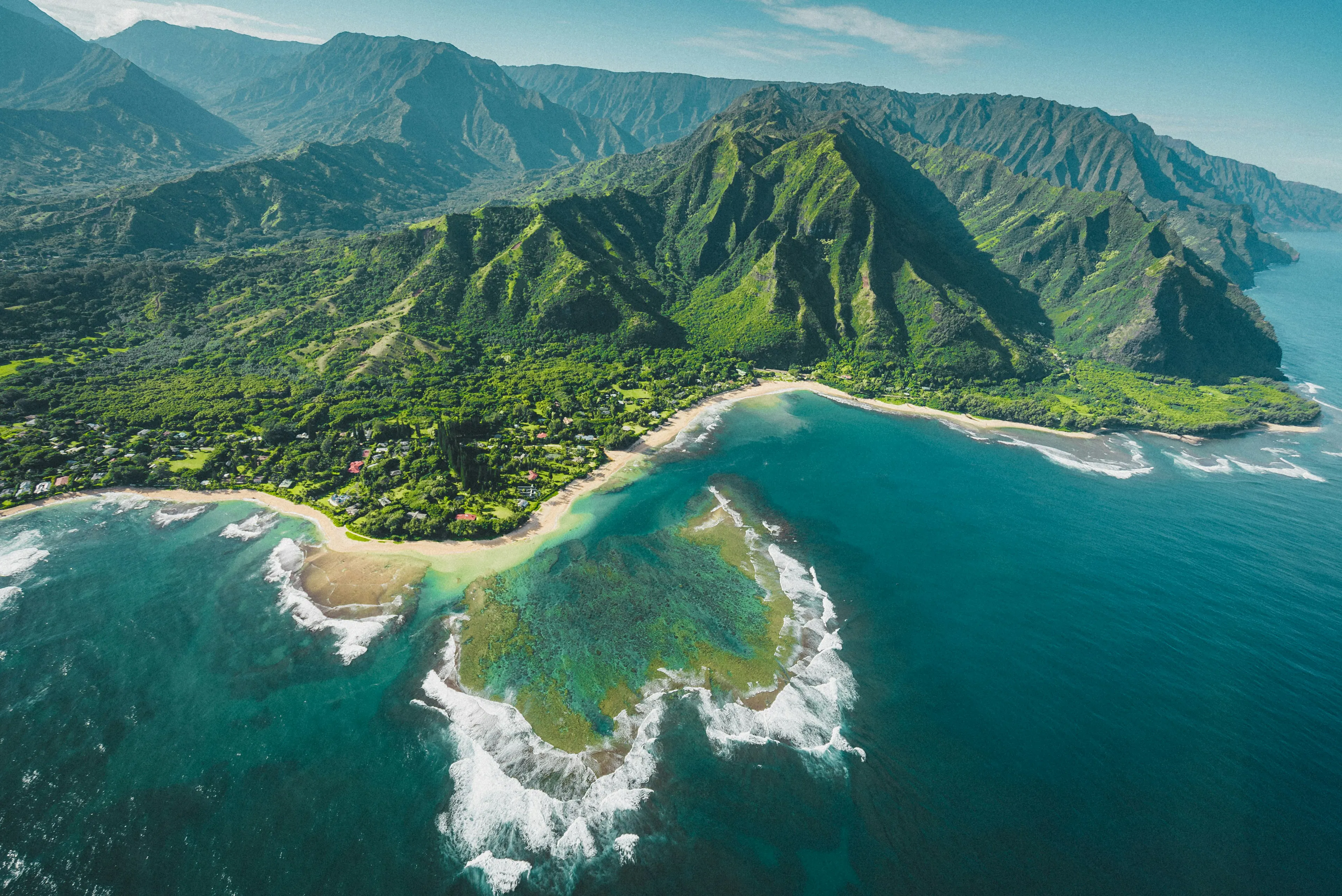 Aerial view of Hawaii’s lush mountains and coastline