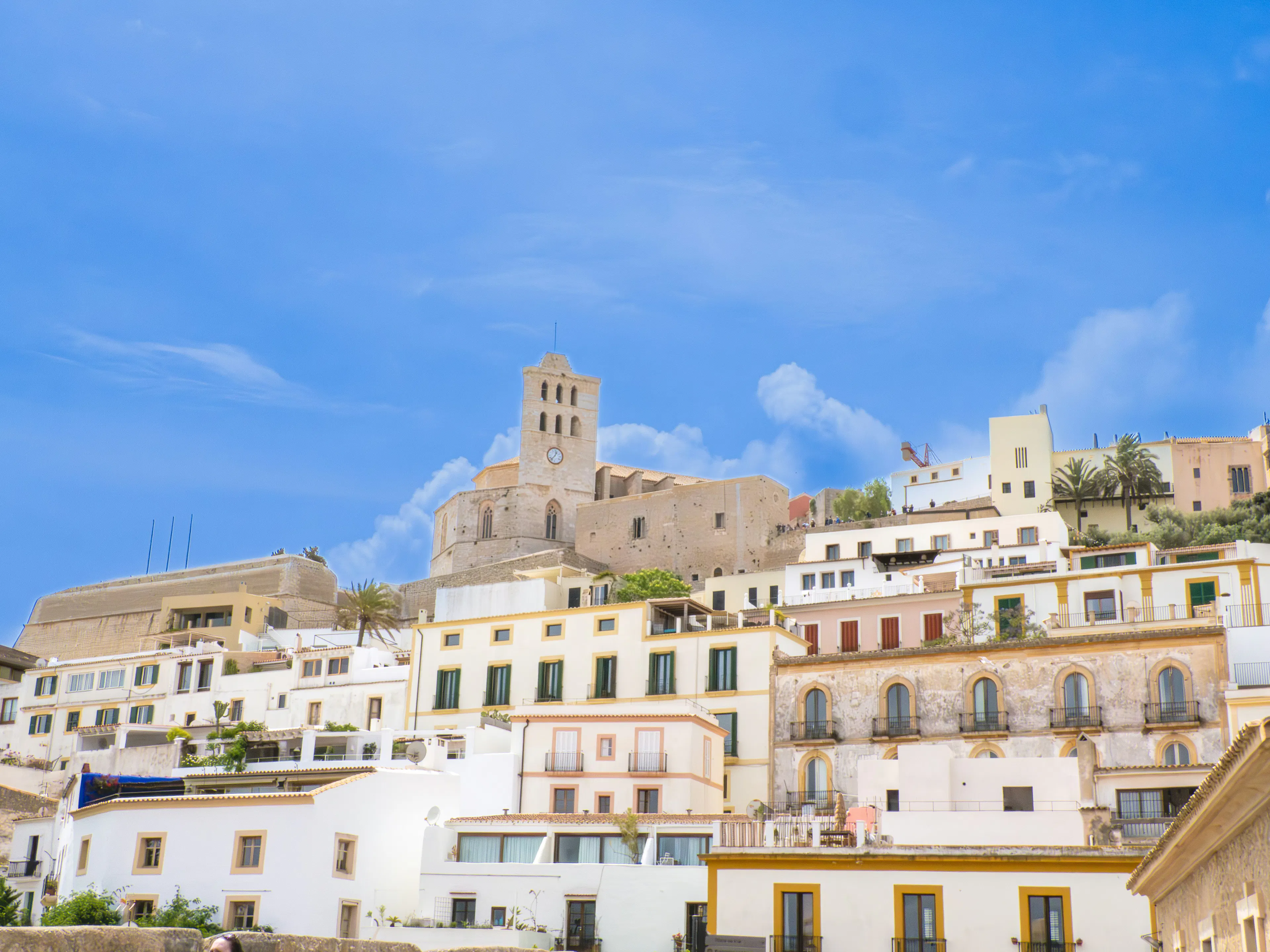 Ibiza Old Town overlooking whitewashed waterfront buildings