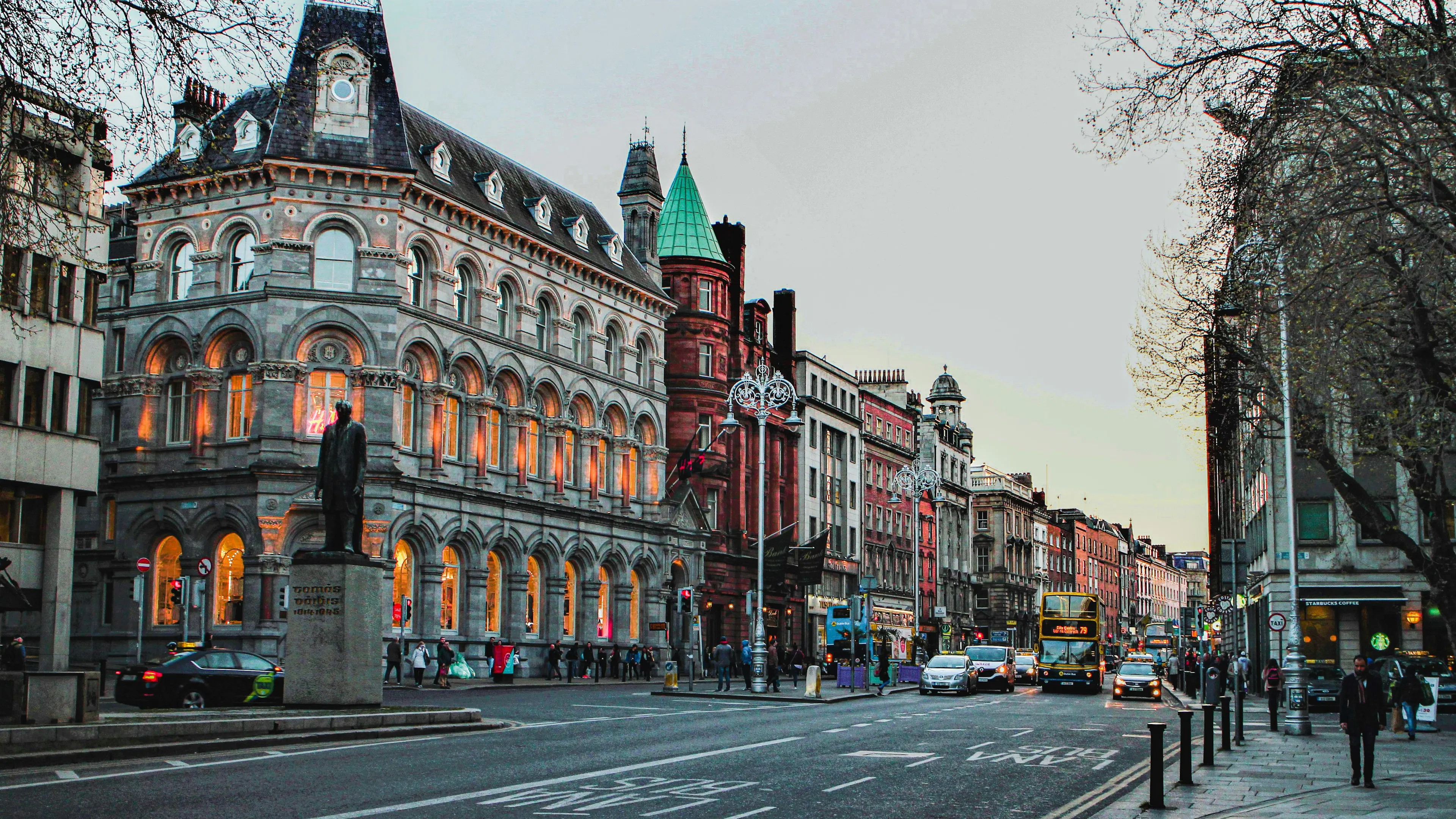 Historic buildings along a busy street in central Dublin