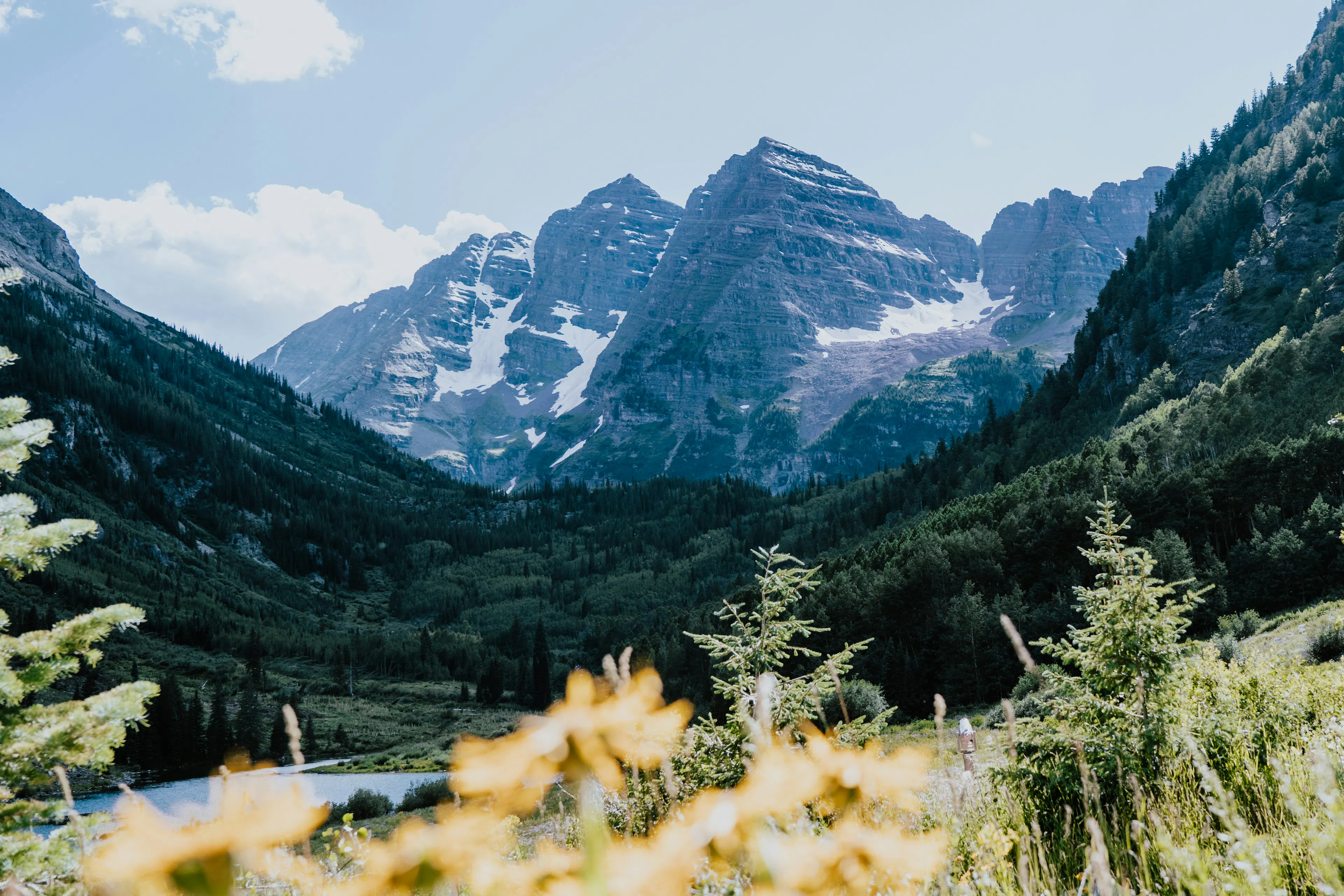Maroon Bells mountain peaks rising above a forested valley with wildflowers and a small lake in the foreground.