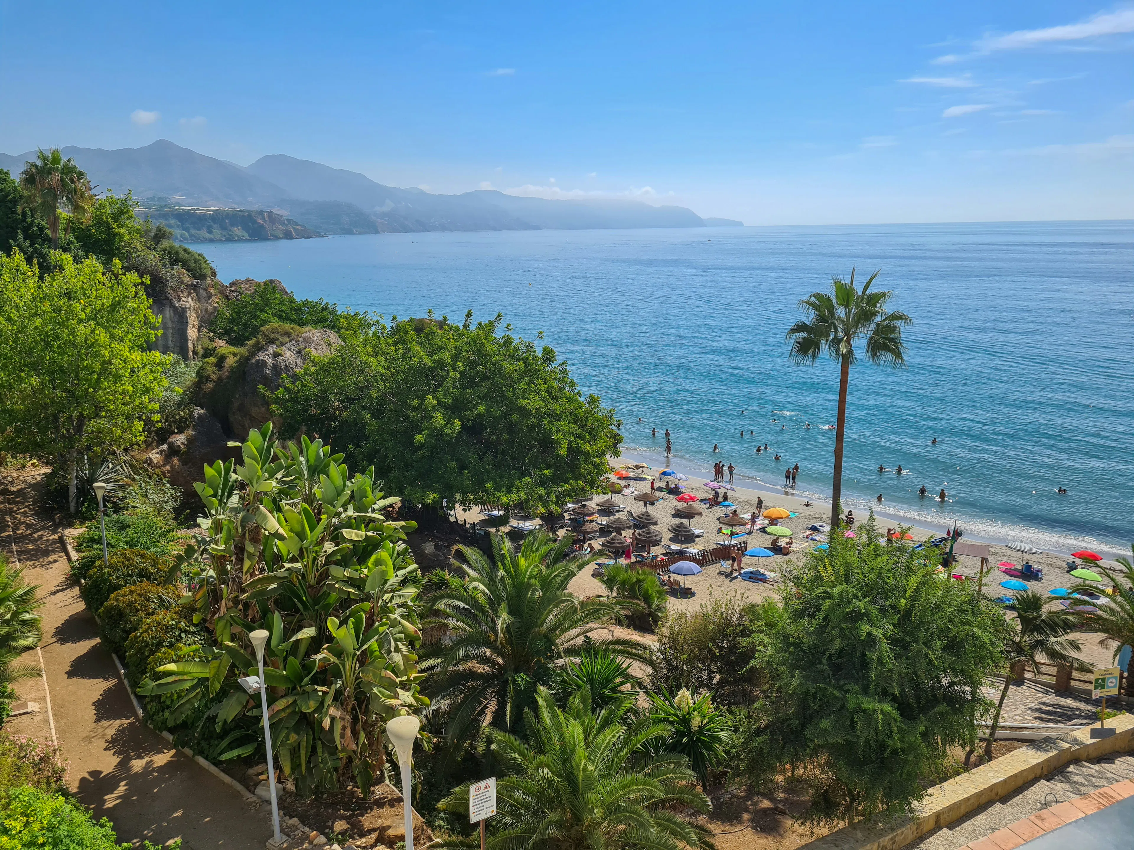 Palm-lined beach and Mediterranean coastline viewed from an elevated garden overlook, with mountains in the distance.