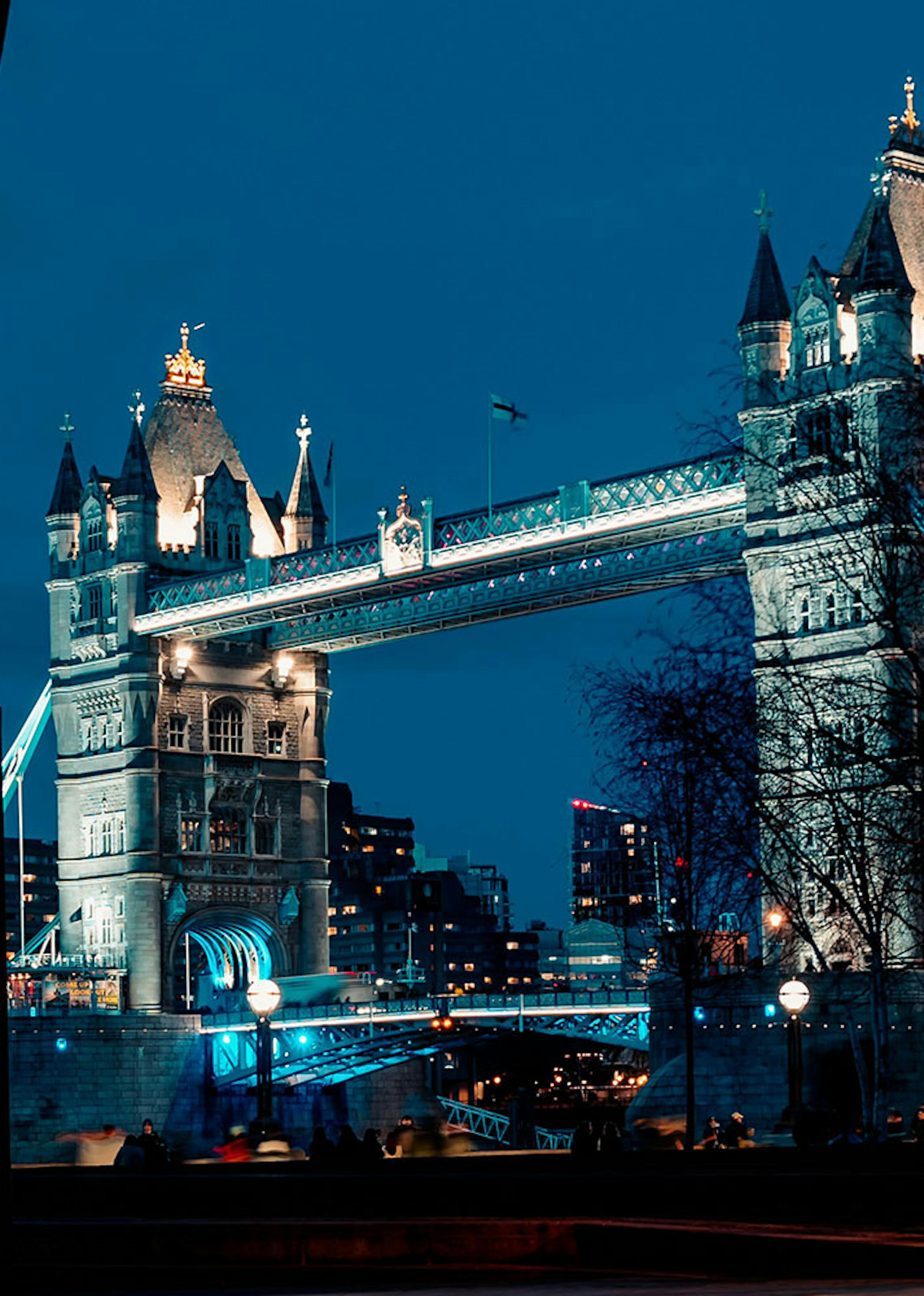 A bridge illuminated by lights from below