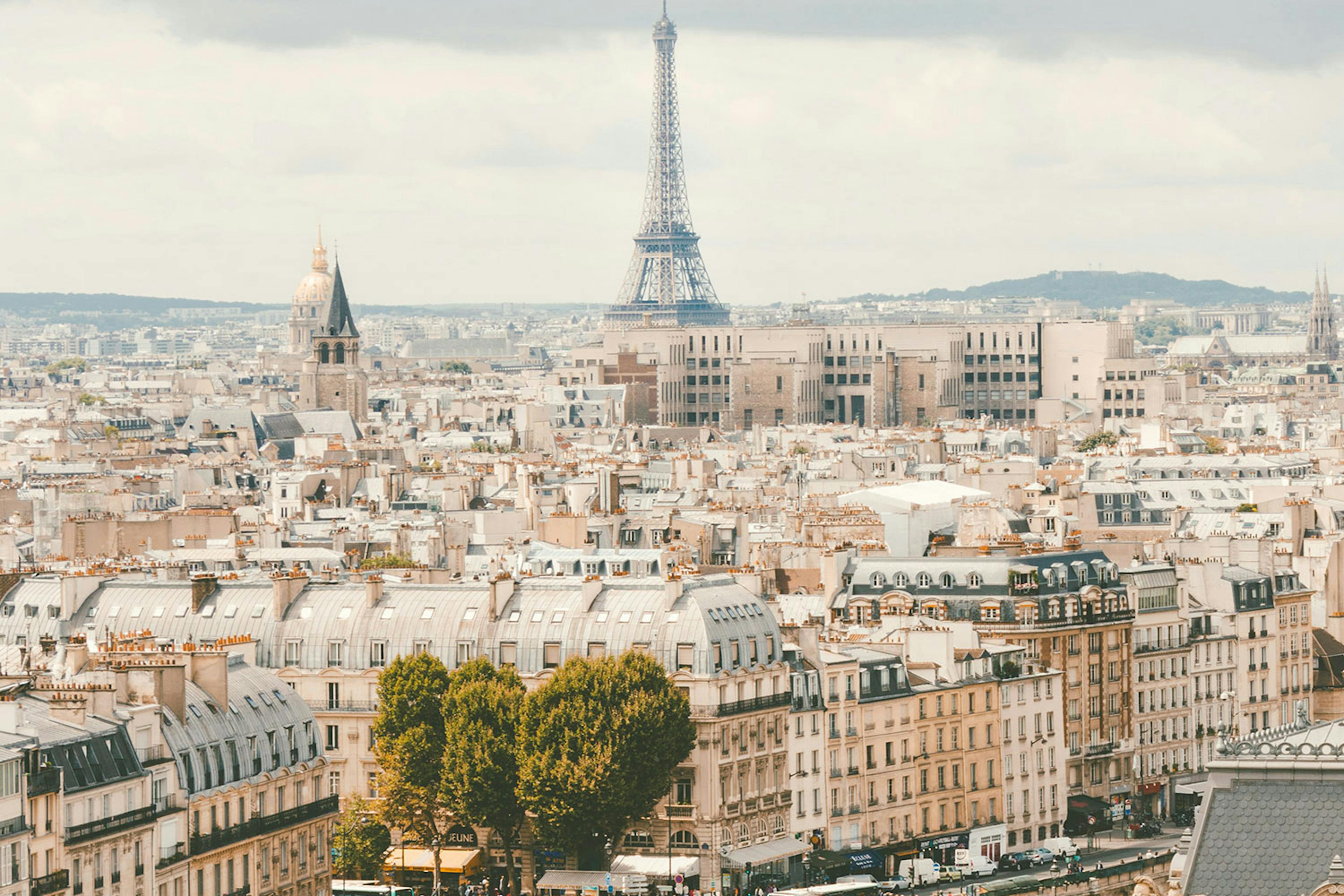 the city of Paris with the Eiffel tower in the center at the back