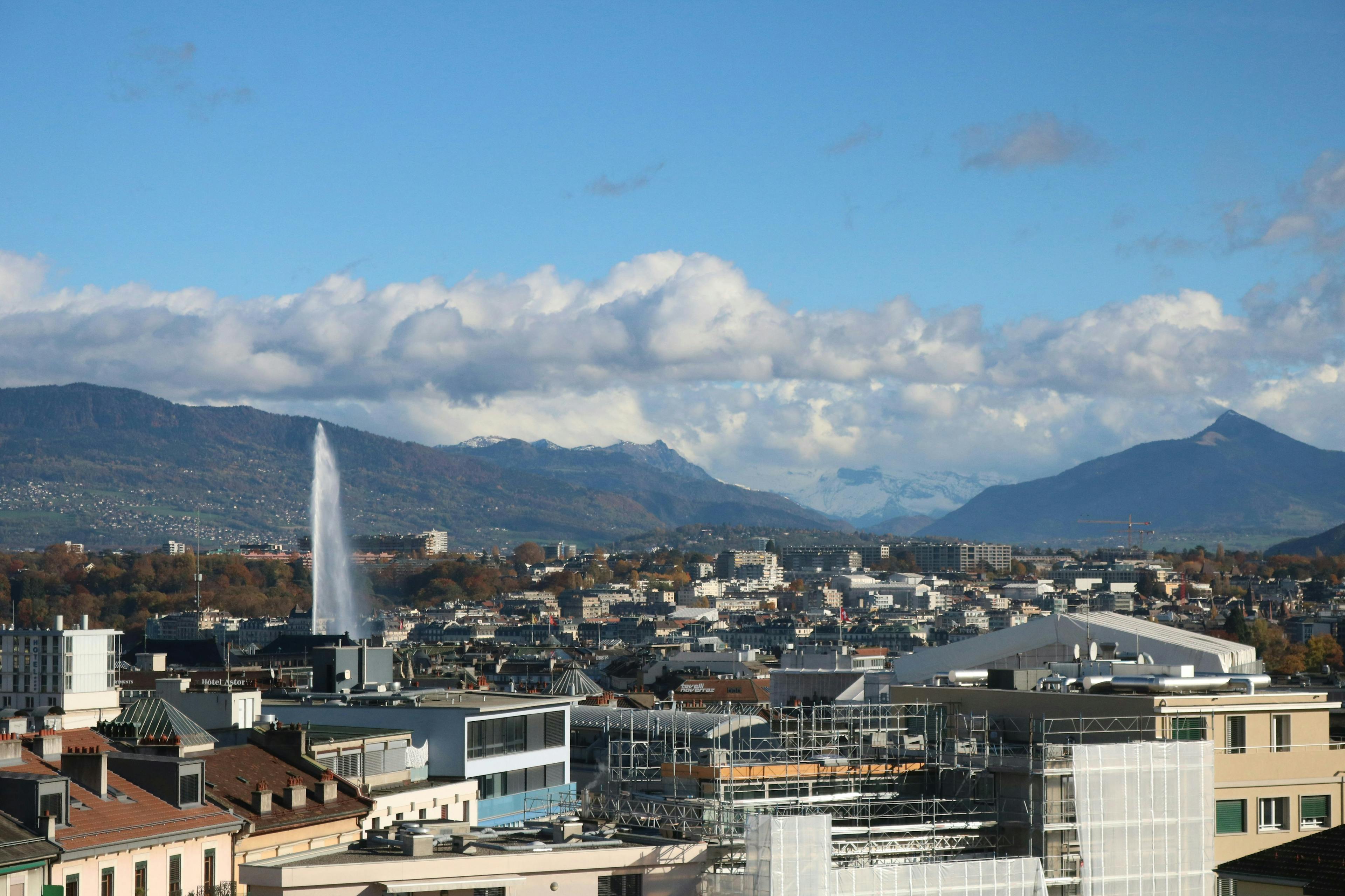 A wide view of the town with mountains peaking through on the horizon