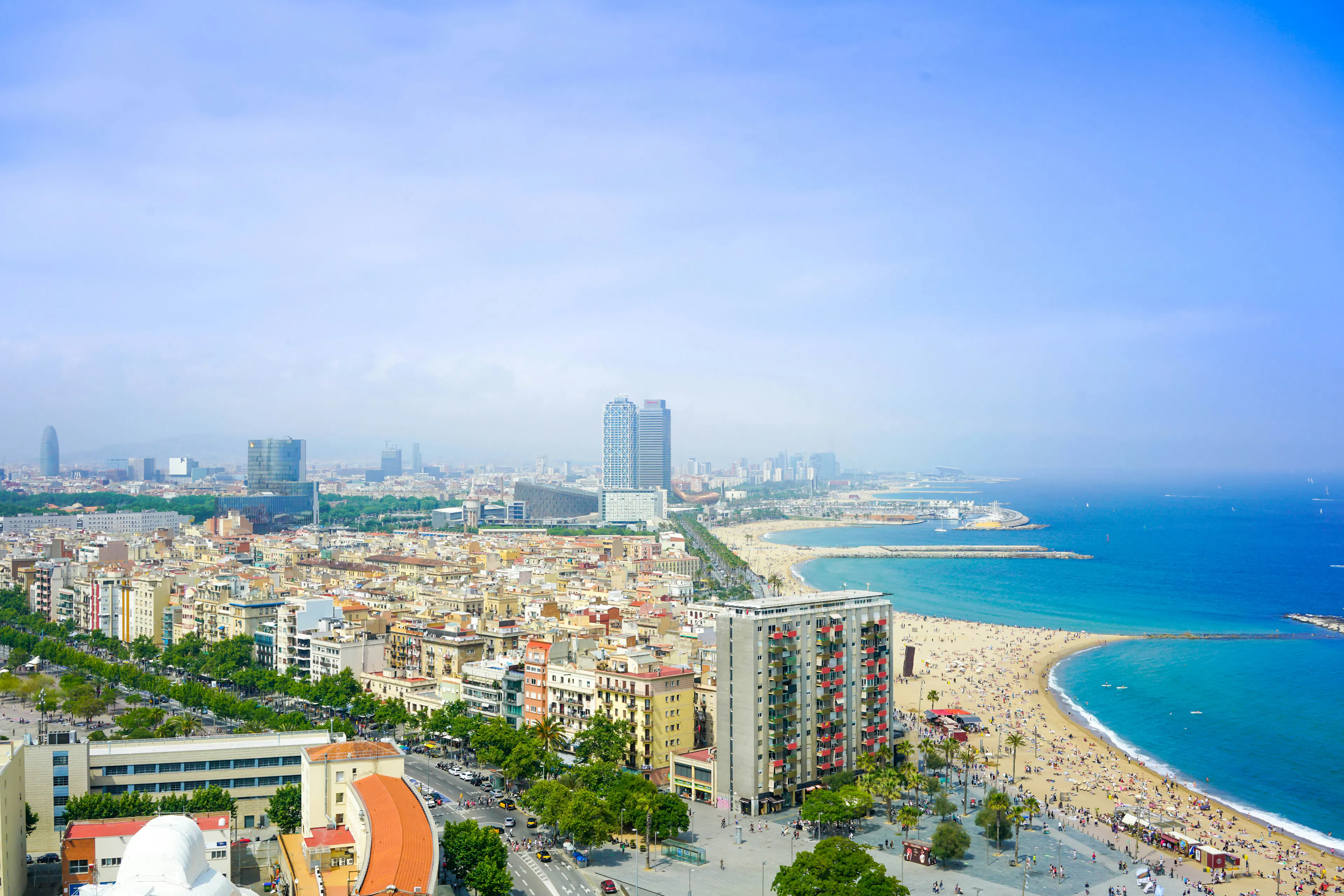 Panoramic view of Barcelona’s coastline, featuring a sandy beach, Mediterranean waters, and the city skyline stretching along the waterfront.