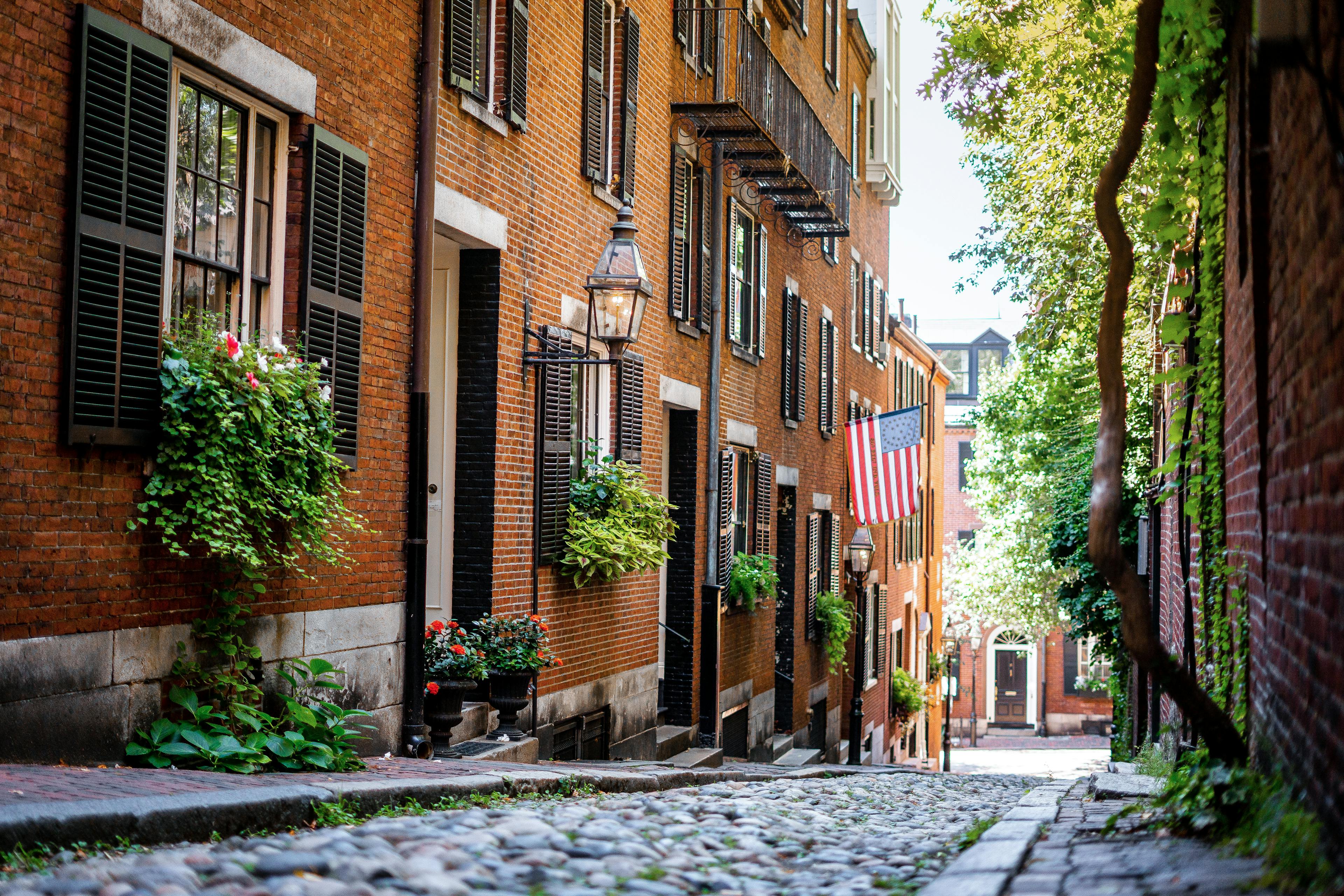 Low shot of a cobblestone pathway sidestreet