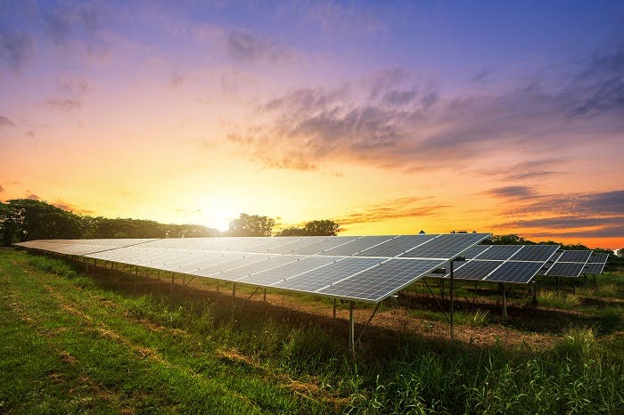 Solar panels shine a sunset in a field