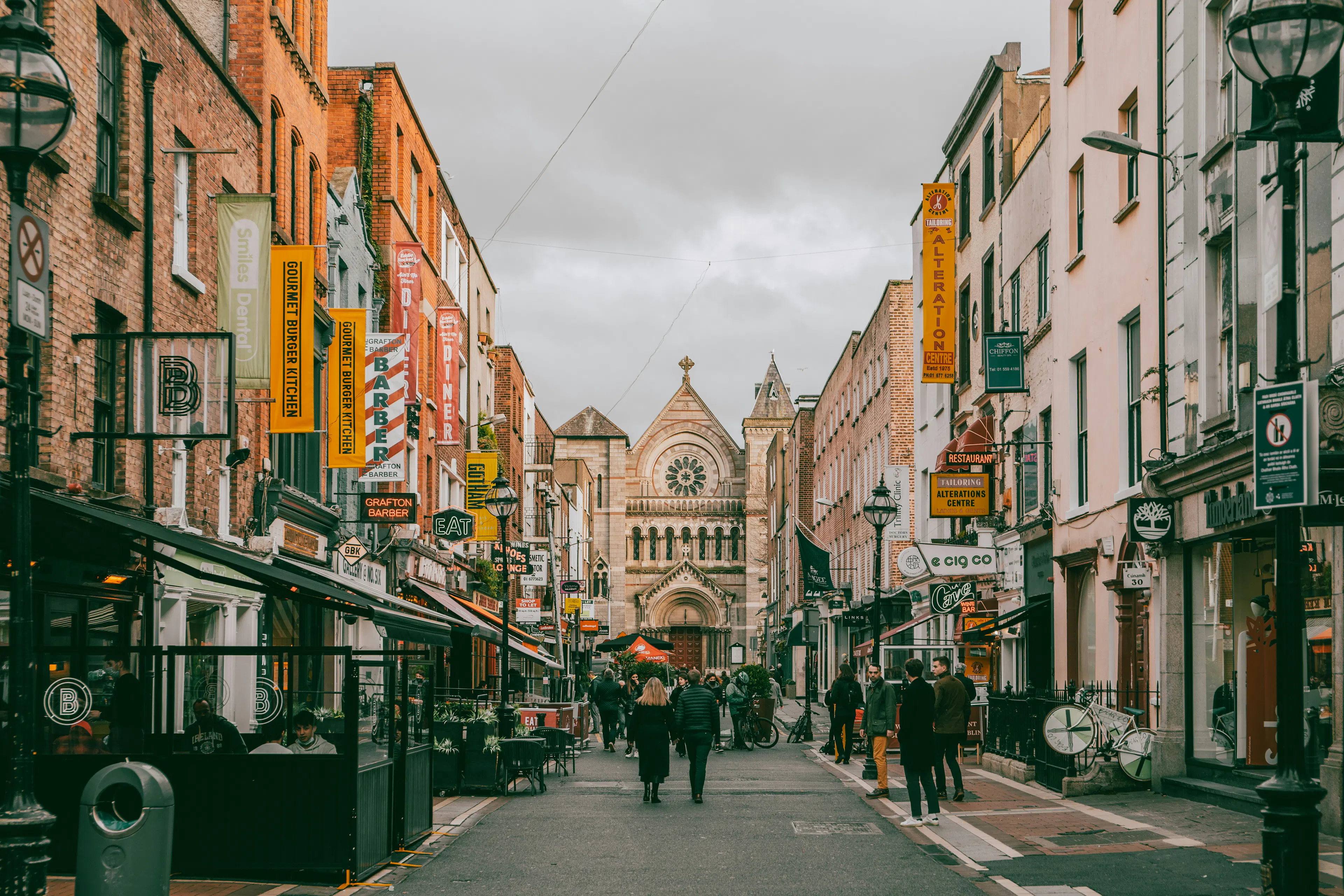 Colourful shopfronts and historic architecture in central Dublin