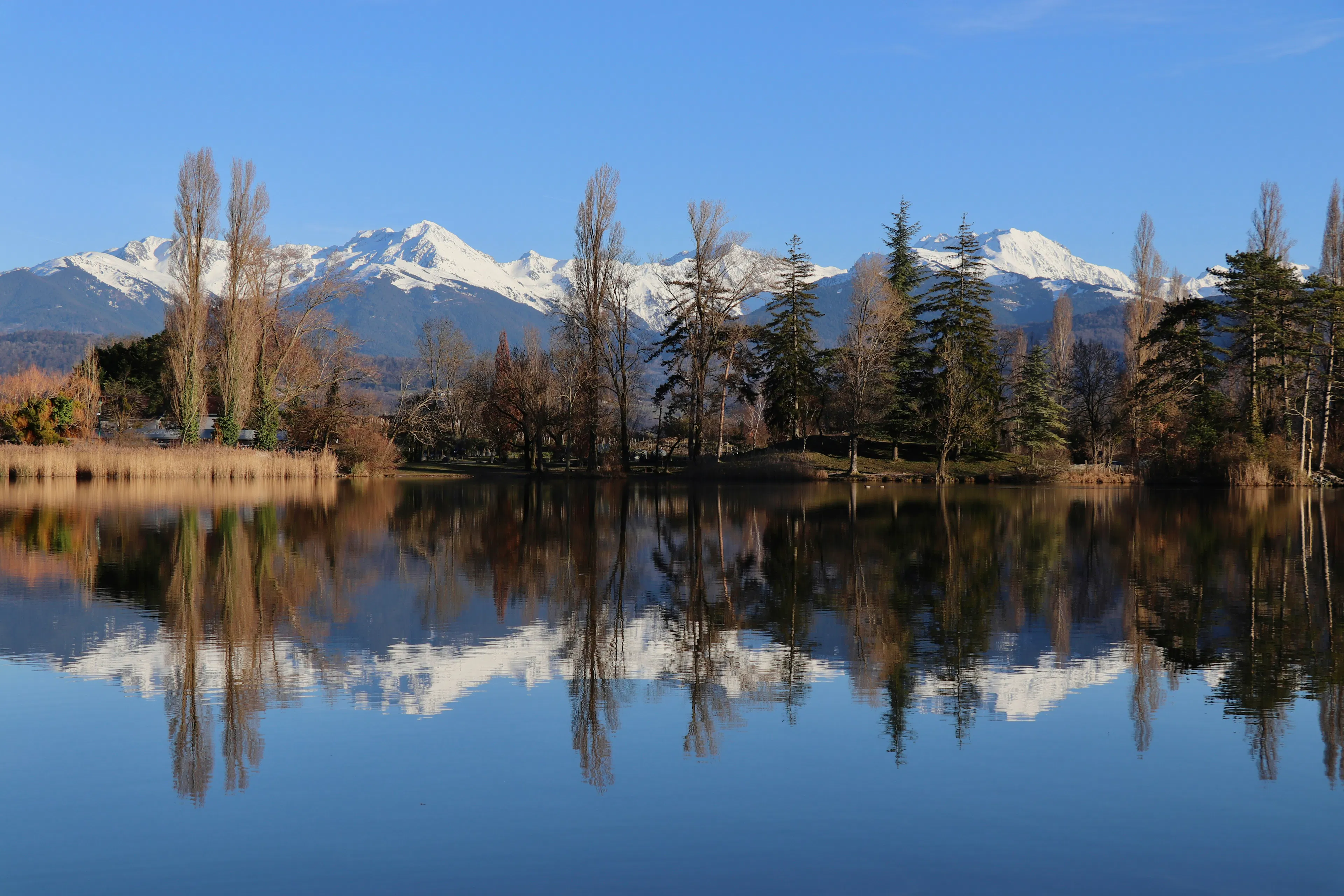 Snow-capped mountains and trees reflected in a calm lake under a clear blue sky.
