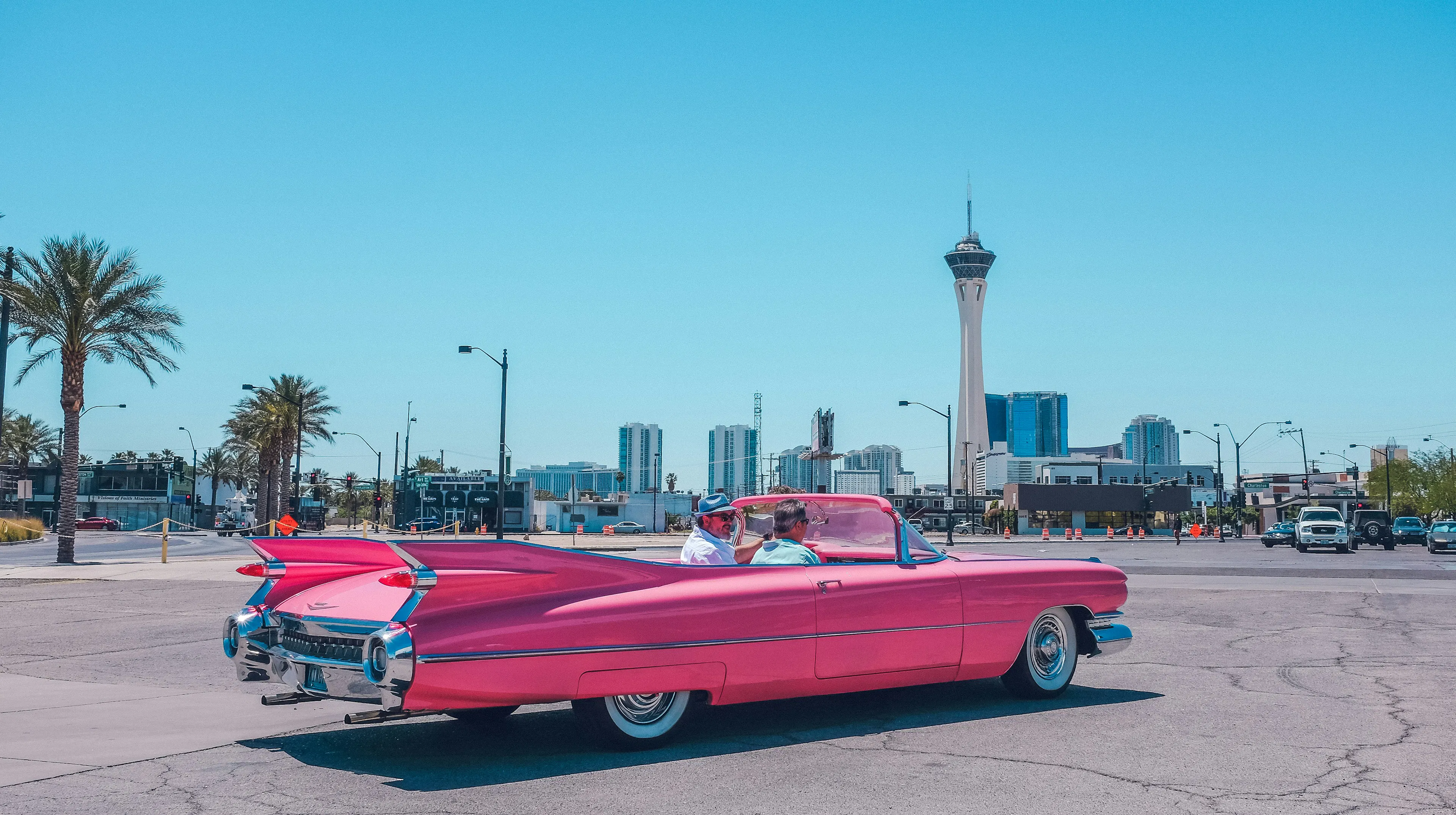 Pink vintage convertible near the Las Vegas Strip
