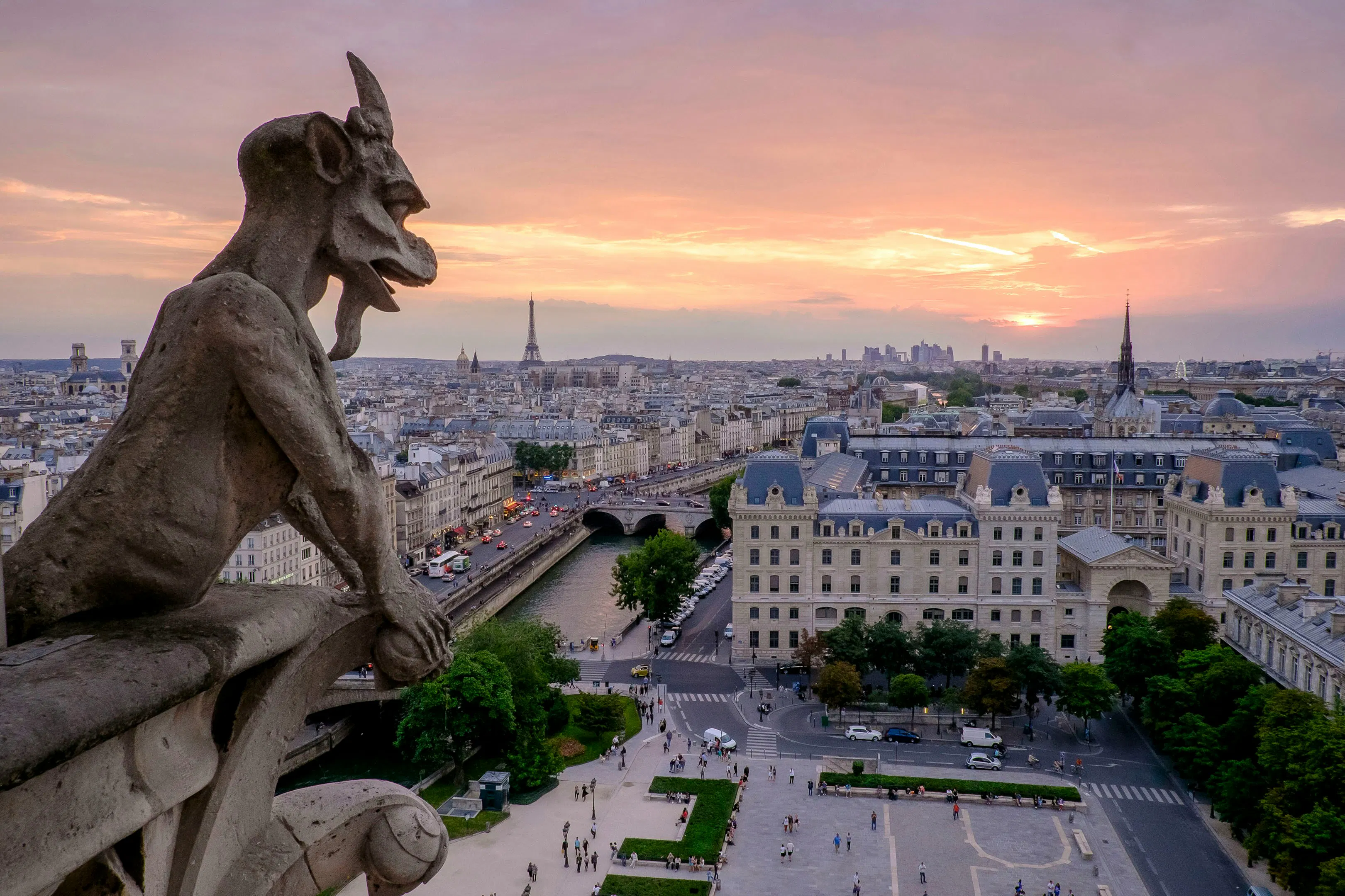 Gargoyle overlooking Paris from Notre-Dame Cathedral at sunset