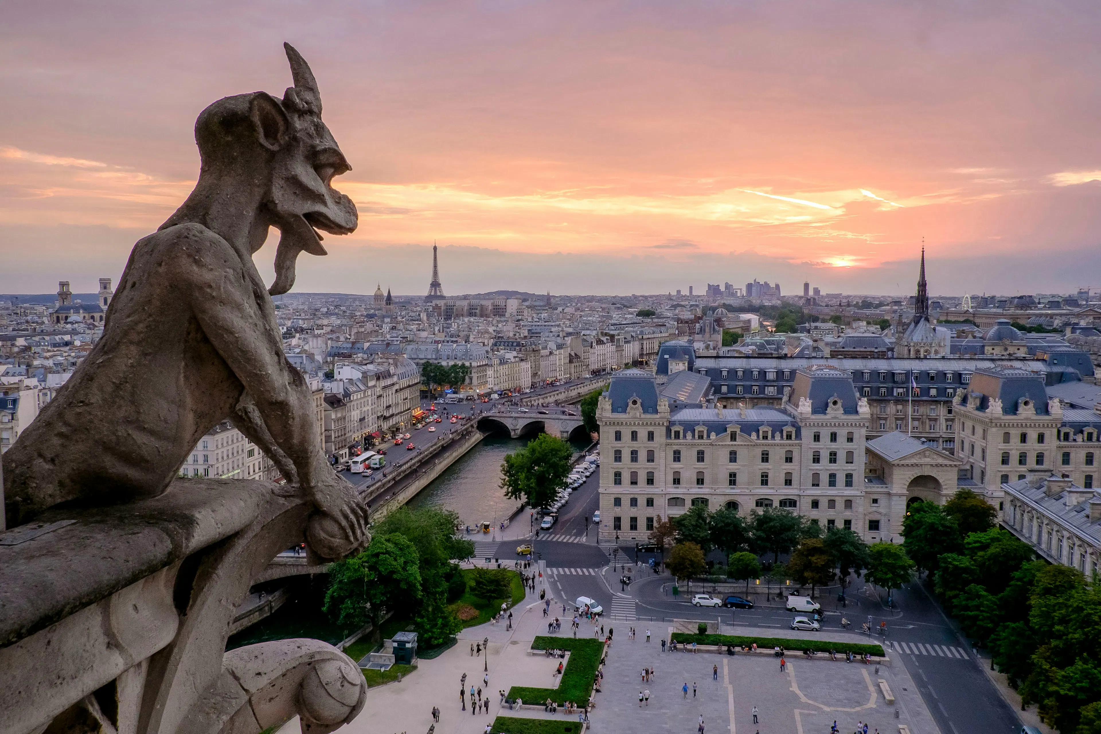 Gargoyle overlooking Paris from Notre-Dame Cathedral at sunset