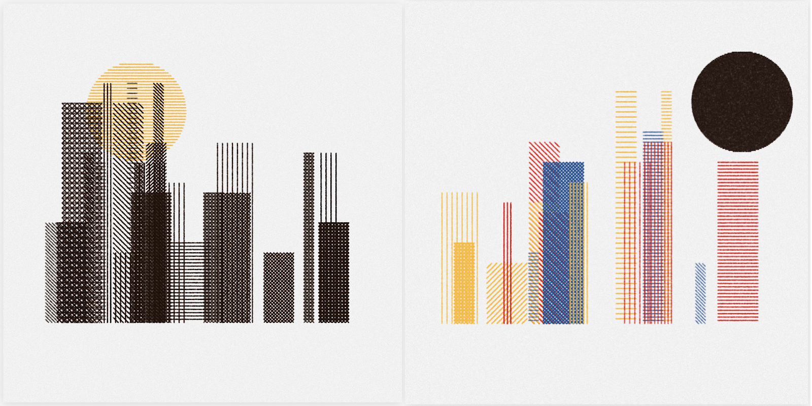 Hashed Cities #135 and #281 with celestial body
