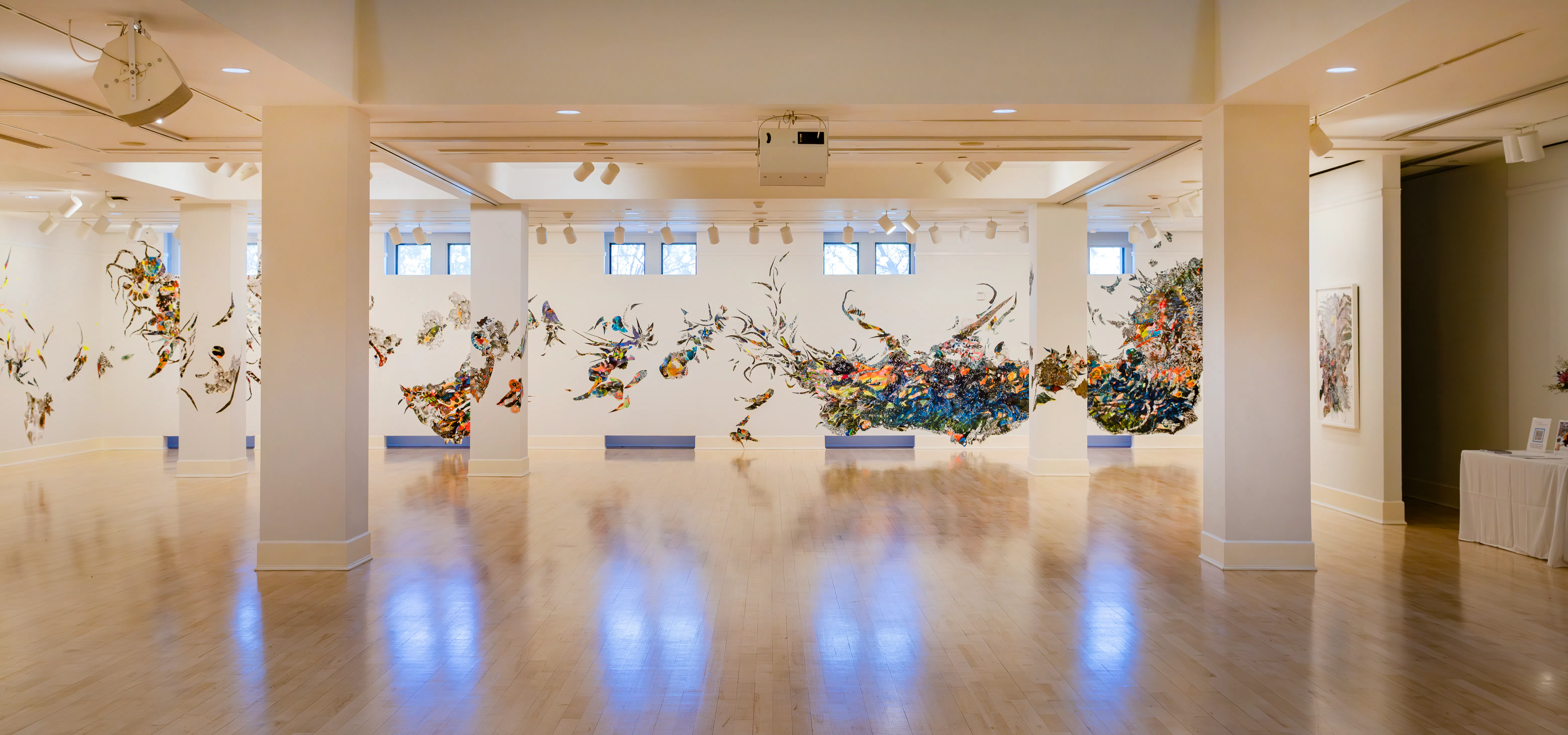 Installation view of Anne Austin Pearce’s 2024 solo exhibition River Deep / Mountain High at Founders Gallery, showing large-scale mixed-media works across the gallery walls.