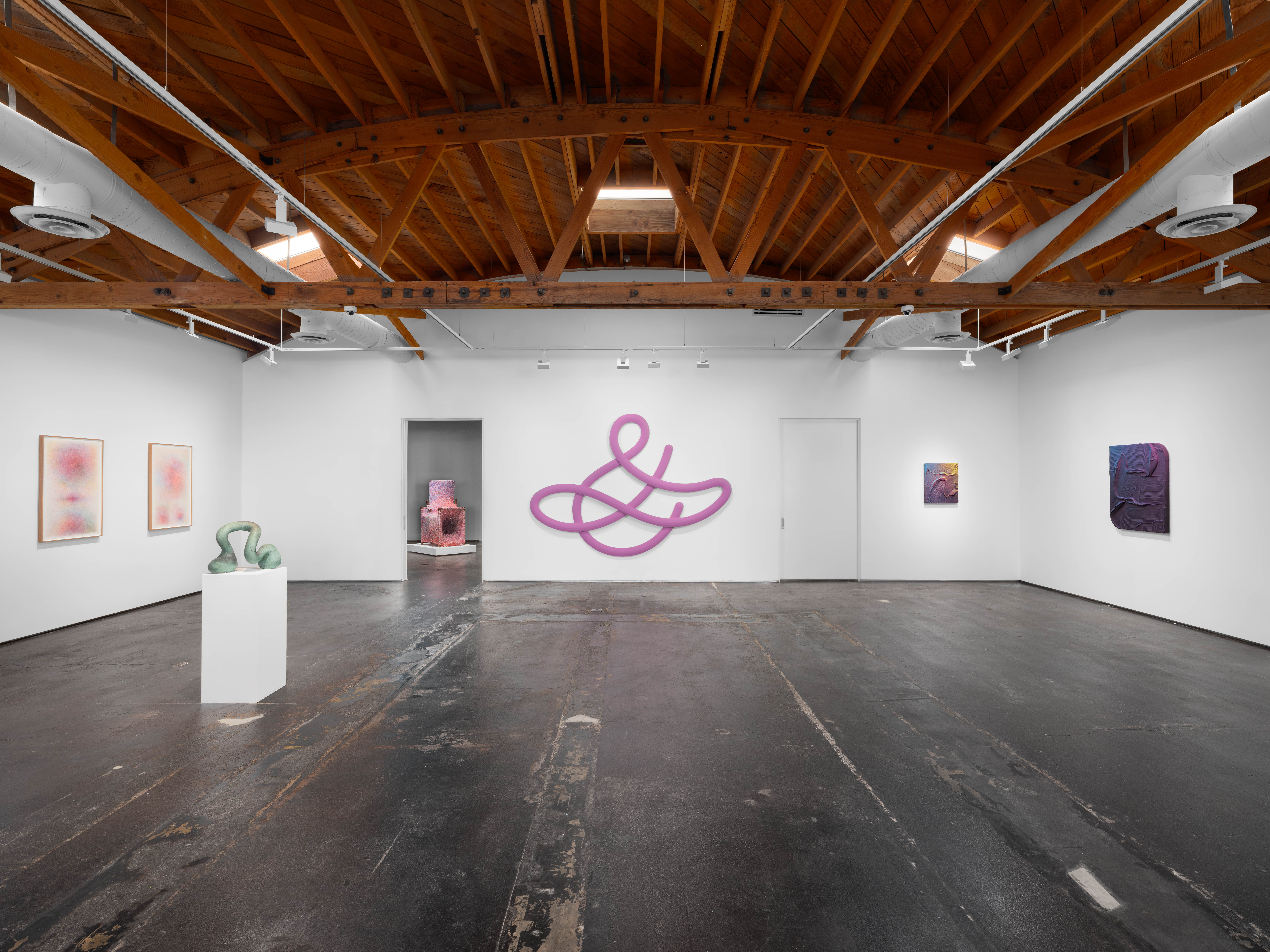 nstallation view of The Thing In Itself at Gallery Sonder, featuring works by Sheng Lor, Ruben Benjamin, Josh Sperling, Pilar Wiley, and Gary Lang in a white gallery space with exposed wood ceiling beams.