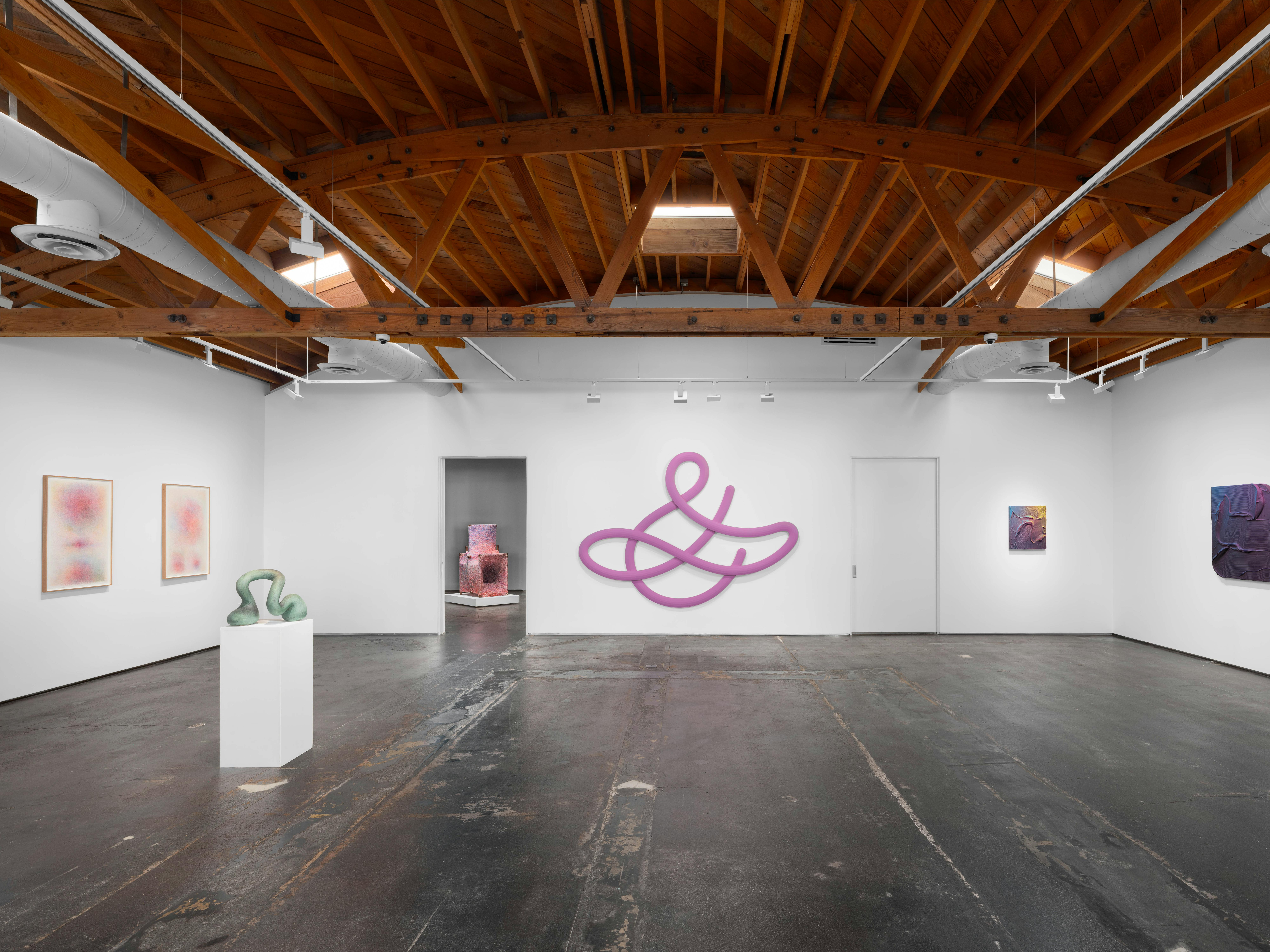 nstallation view of The Thing In Itself at Gallery Sonder, featuring works by Sheng Lor, Ruben Benjamin, Josh Sperling, Pilar Wiley, and Gary Lang in a white gallery space with exposed wood ceiling beams.