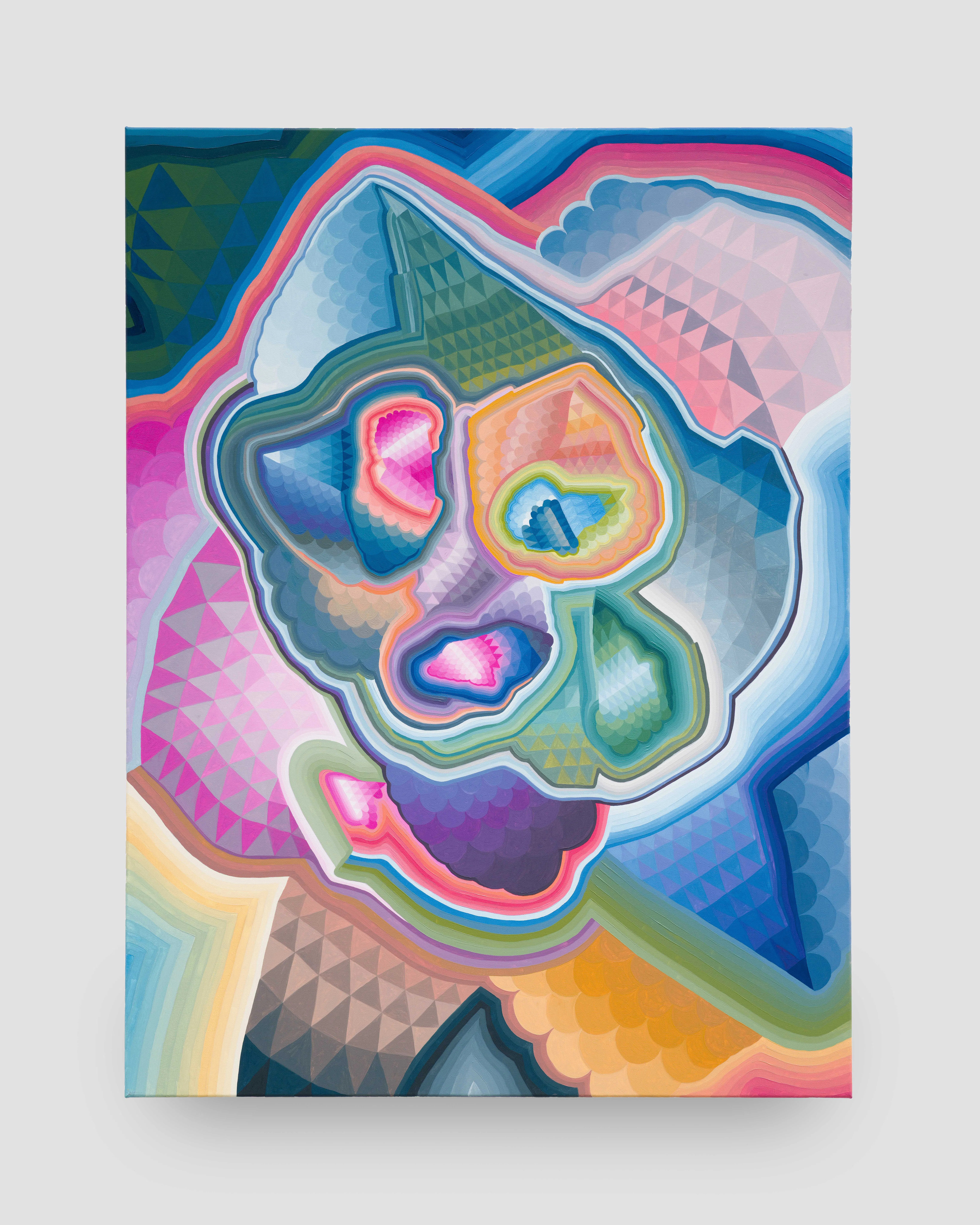 Moncho, Untitled ABC #13, 2025 — rectangle-format abstract with layered geometric facets and concentric contours in saturated blues, greens, pinks, and yellows, smooth gradients and crisp edges on canvas. Oil on Canvas. Gallery Sonder, Orange County.