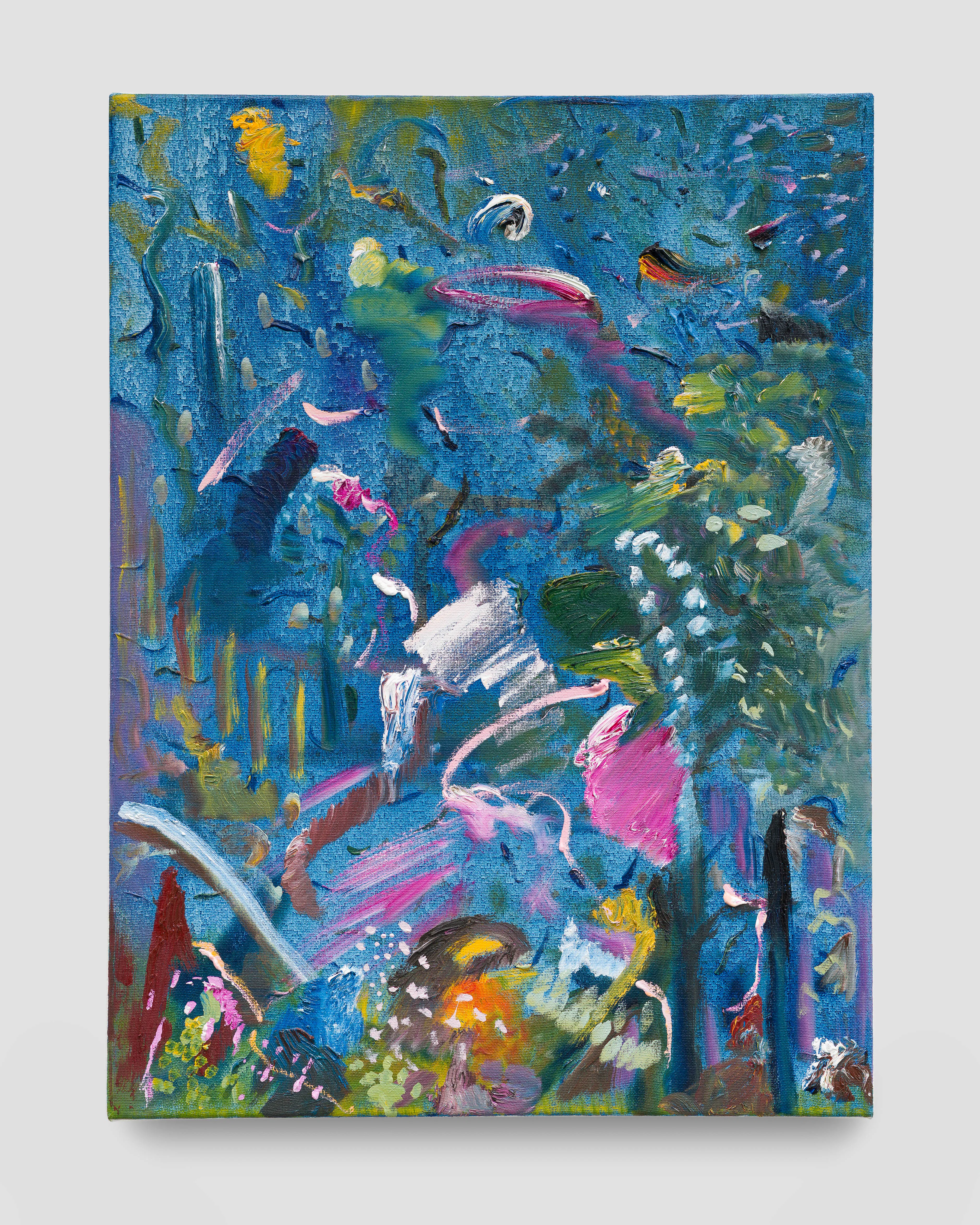Moncho, Untitled XYZ #6, 2025 —  abstract composition with fluid brushstrokes, gestural marks, and blended pastel and vivid tones, visible paint texture and layered washes on canvas. Oil on Canvas. Gallery Sonder, Orange County.
