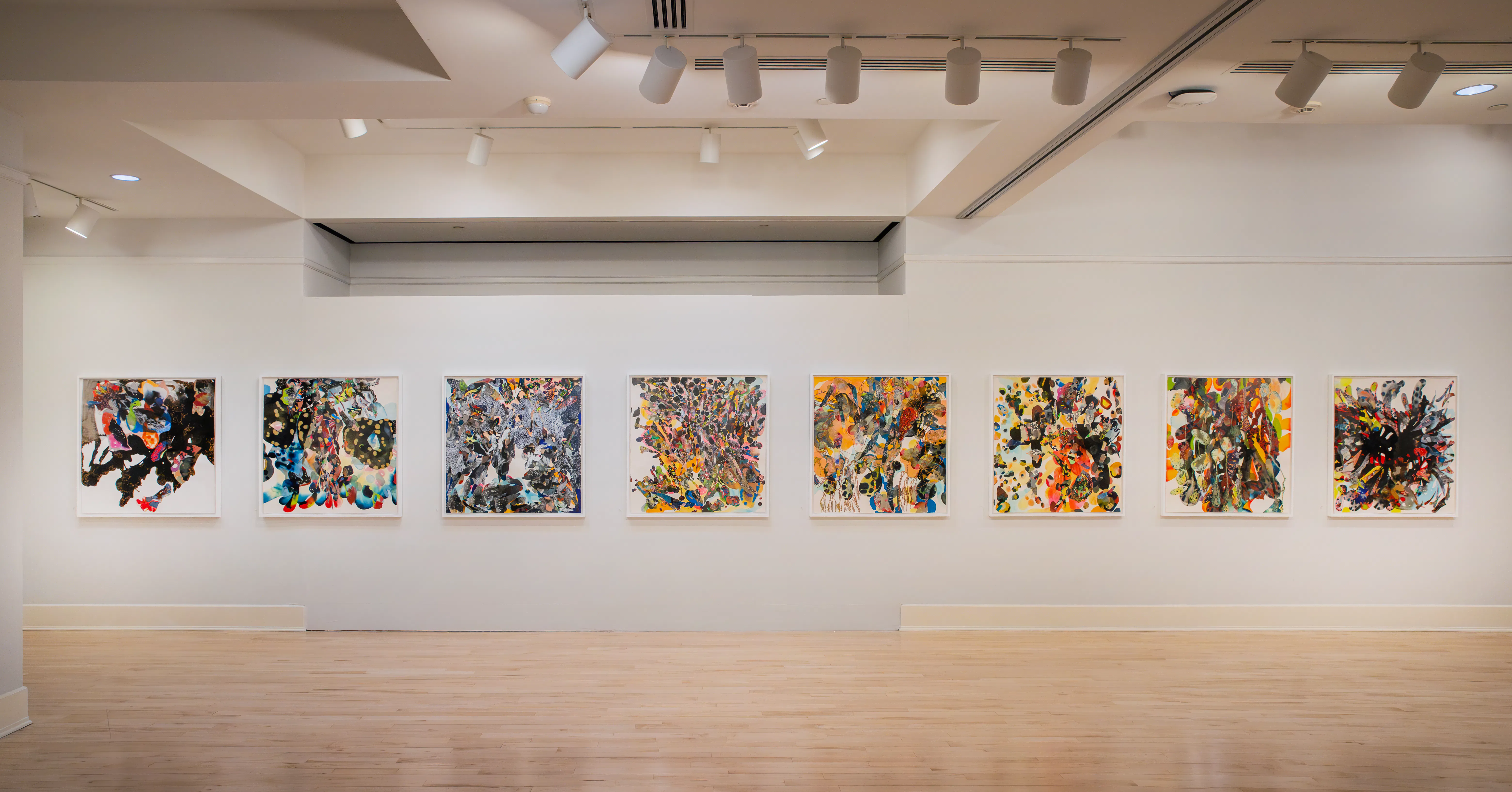 Installation view of Anne Austin Pearce’s River Deep / Mountain High at Founders Gallery, showing multiple large-scale mixed-media works in the exhibition space.