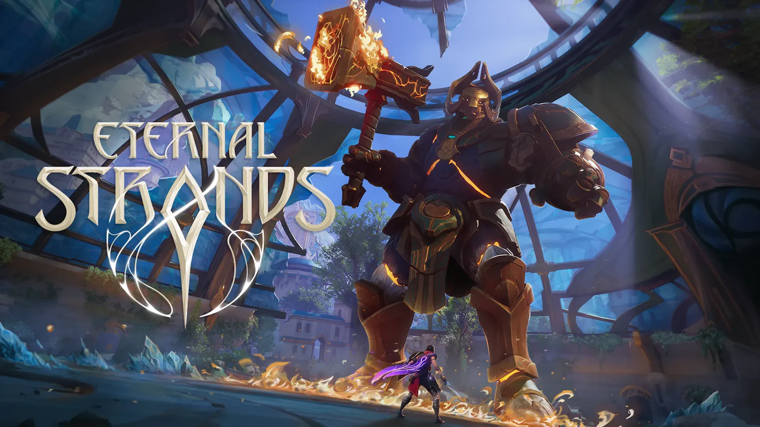 Eternal Strands game art: Small hero faces giant armored warrior with flaming hammer under arched crystal structure art