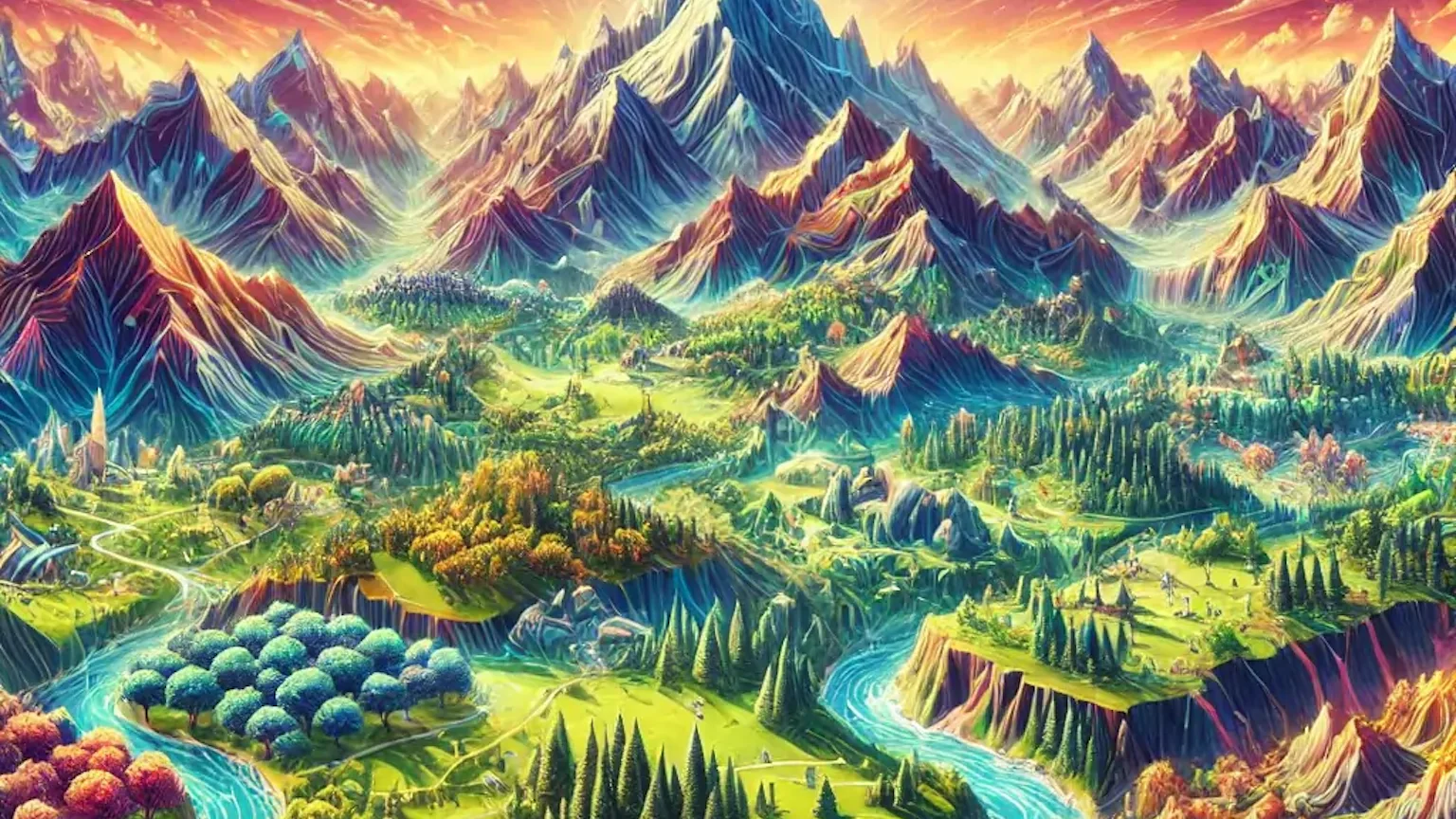 Illustration of procedurally generated game terrain showcasing a dynamic digital environment. art