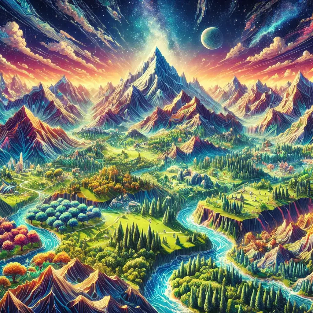 Illustration of procedurally generated game terrain showcasing a dynamic digital environment. art
