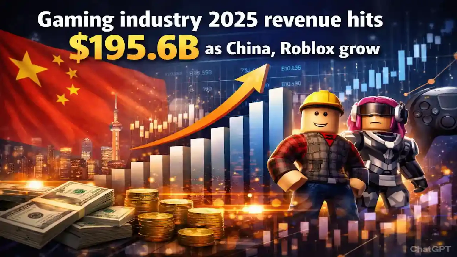 Promotional image for the news story about Gaming industry 2025 revenue: 1956B growth covering Gaming Industry and Roblox