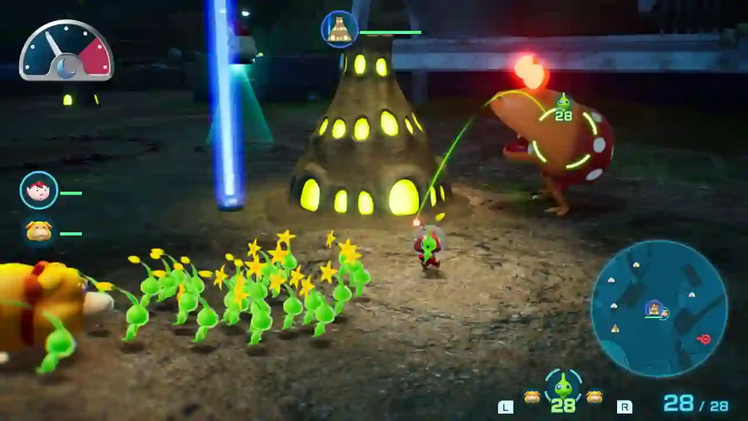 Pikmin 4 gameplay: Player directing Pikmin squad in real-time battle against an enemy