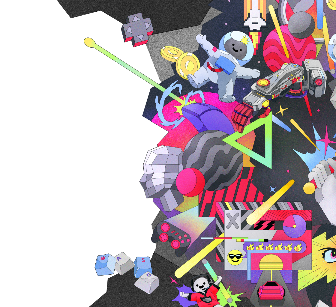 Collage illustration with gaming and entertainment elements