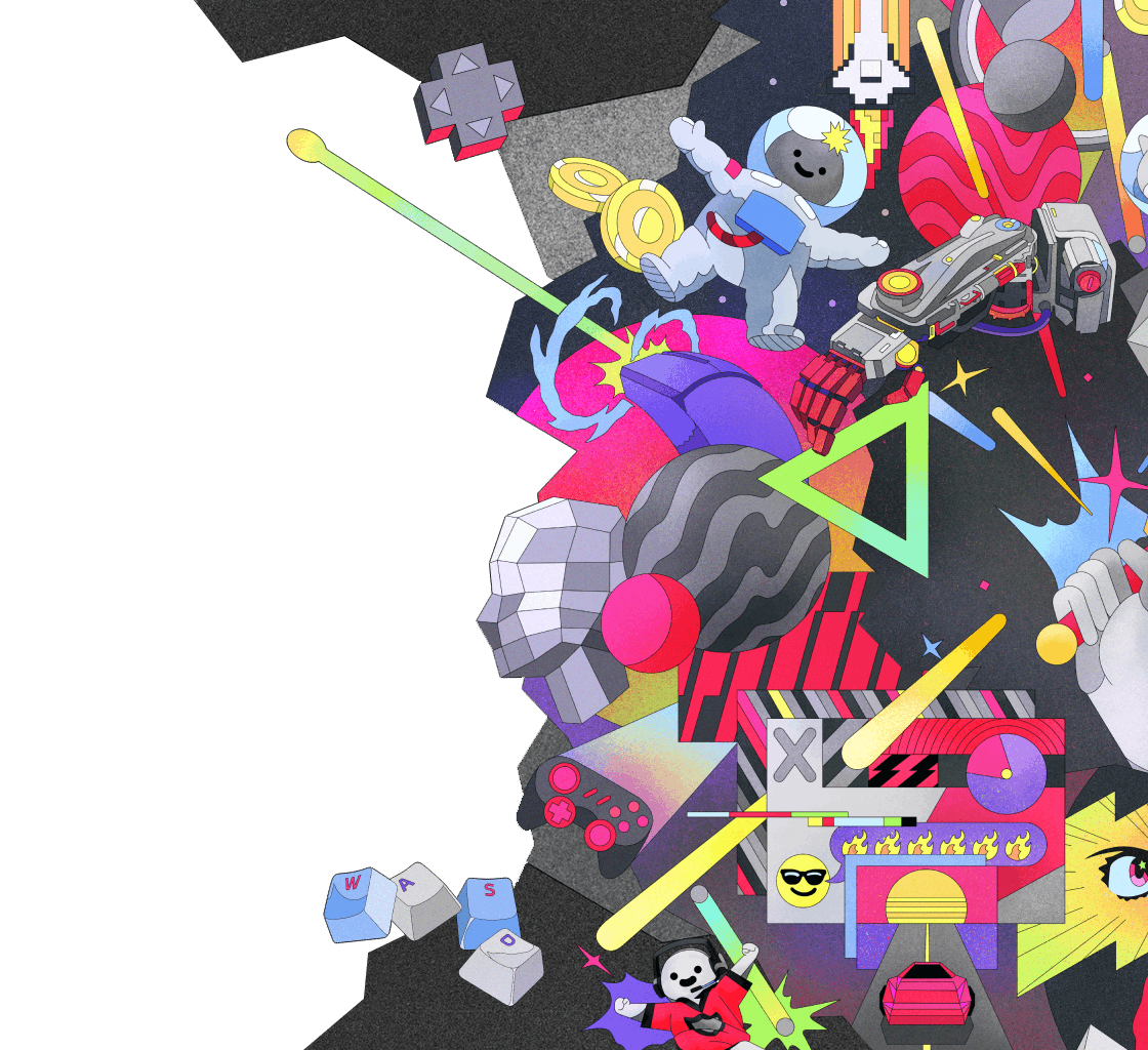 Collage illustration with gaming and entertainment elements