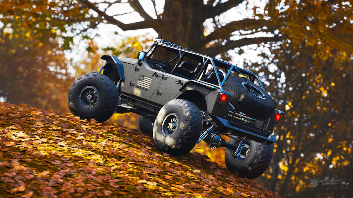Jeep Wrangler DeBerti in Lakehurst forest at autumn