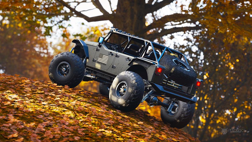 Jeep Wrangler DeBerti in Lakehurst forest at autumn